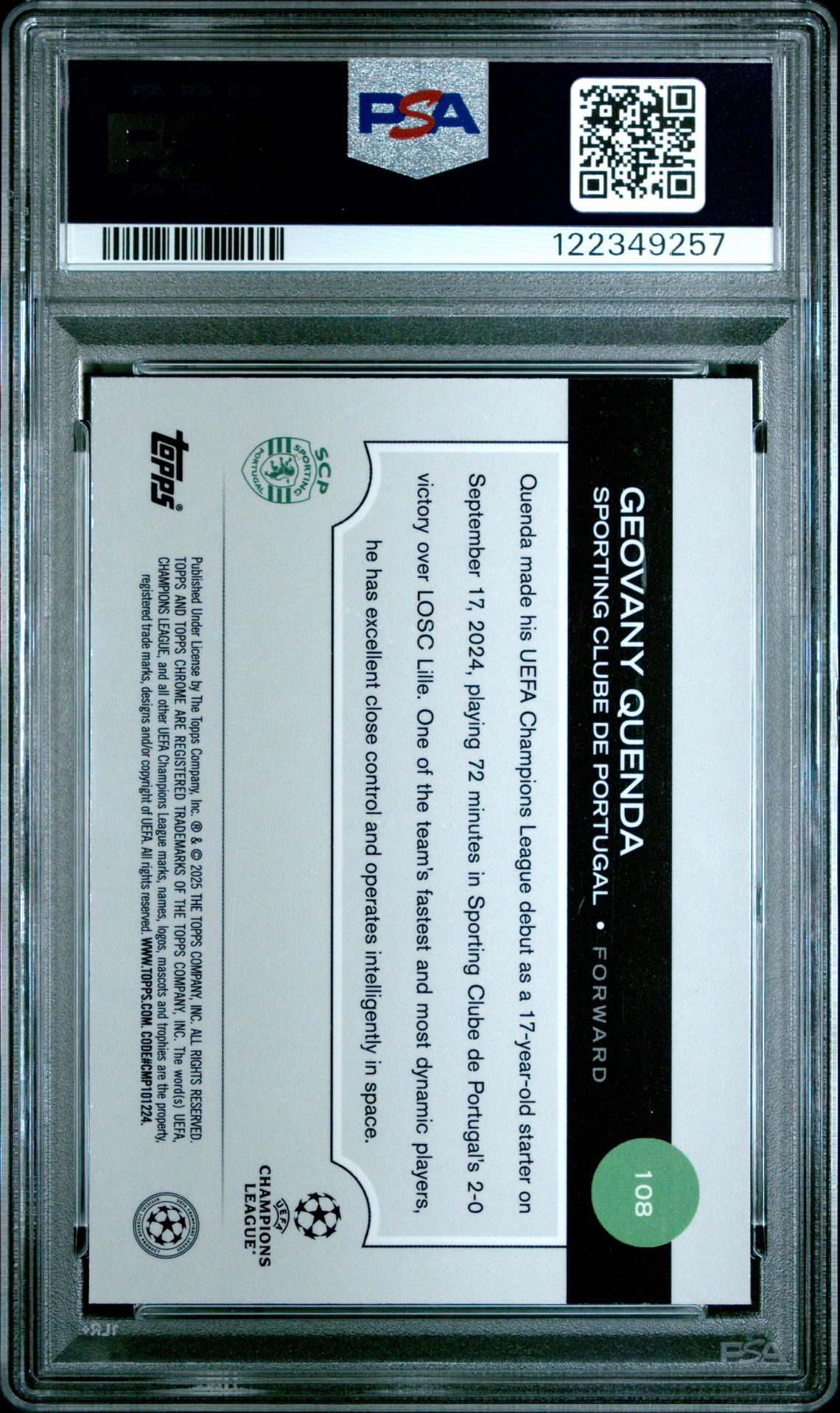 2024-25 Topps Chrome Uefa Club Competitions Geovany Quenda #108 (Violet Prism) Gem Mt 10 back