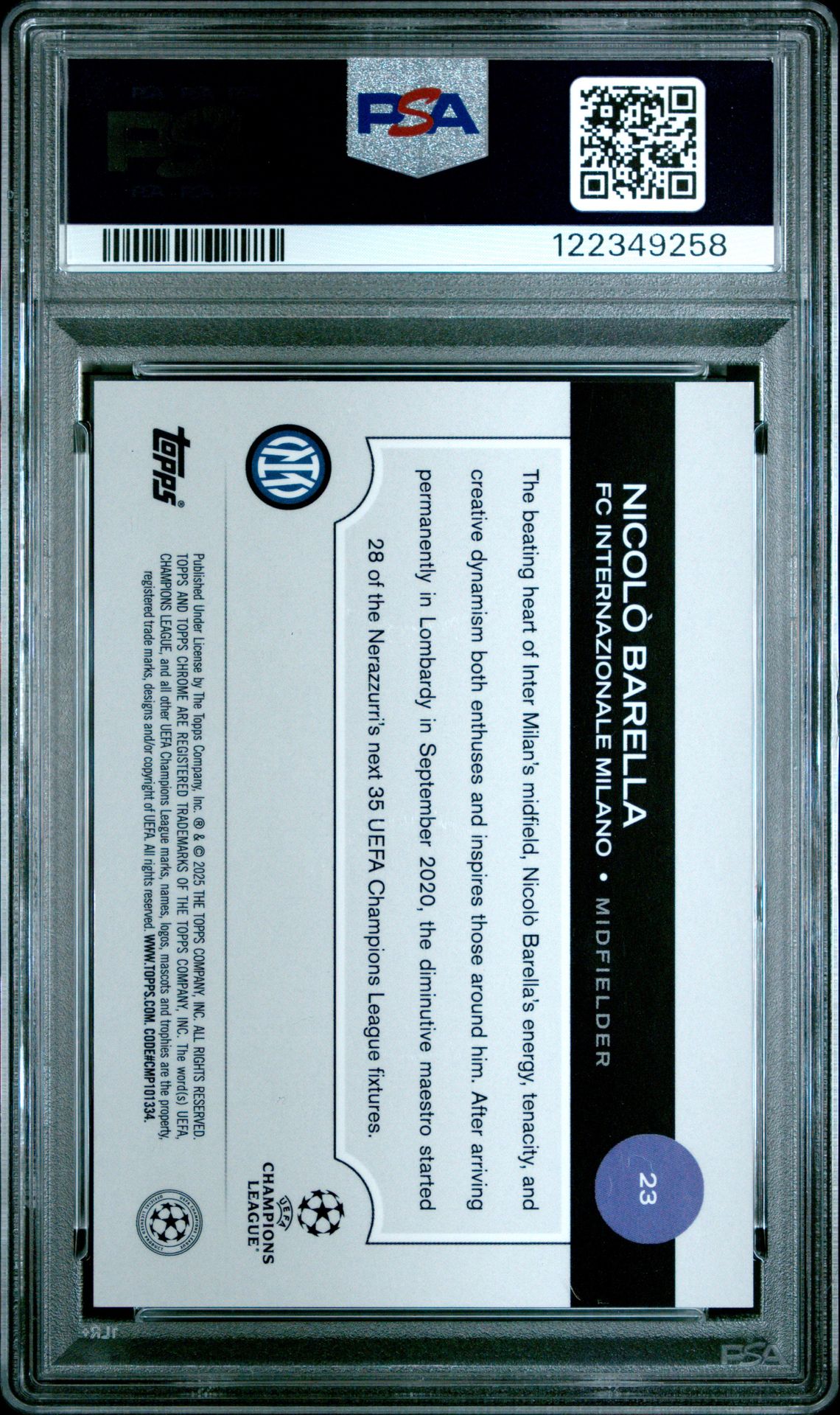 2024-25 Topps Chrome Uefa Club Competitions Nicolo Barella #23 (Hero Variation) Mint 9 back