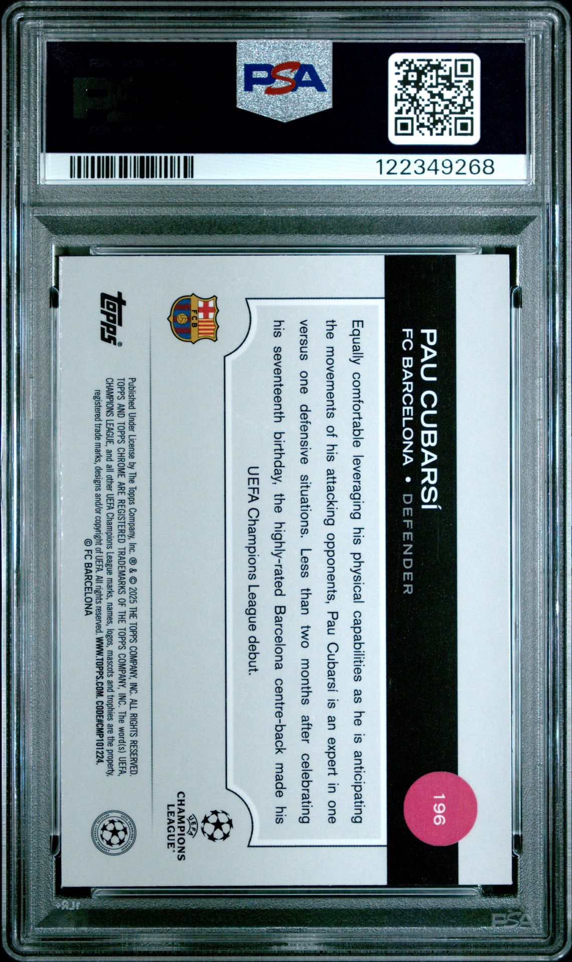 2024-25 Topps Chrome Uefa Club Competitions Pau Cubarsi #196 (Green Prism) Gem Mt 10 back