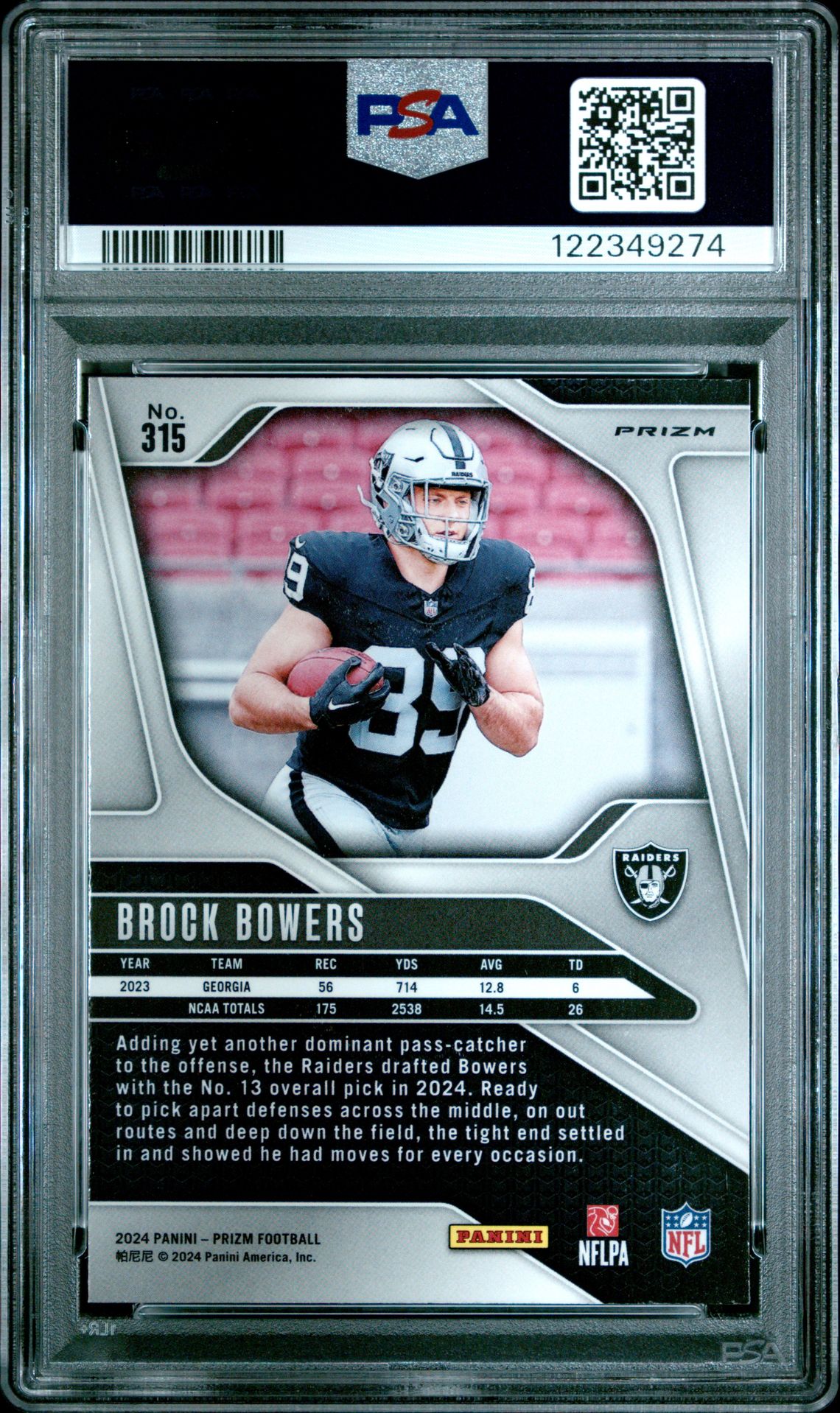 2024 Panini Prizm Brock Bowers #315 (Pink Wave) Gem Mt 10 back