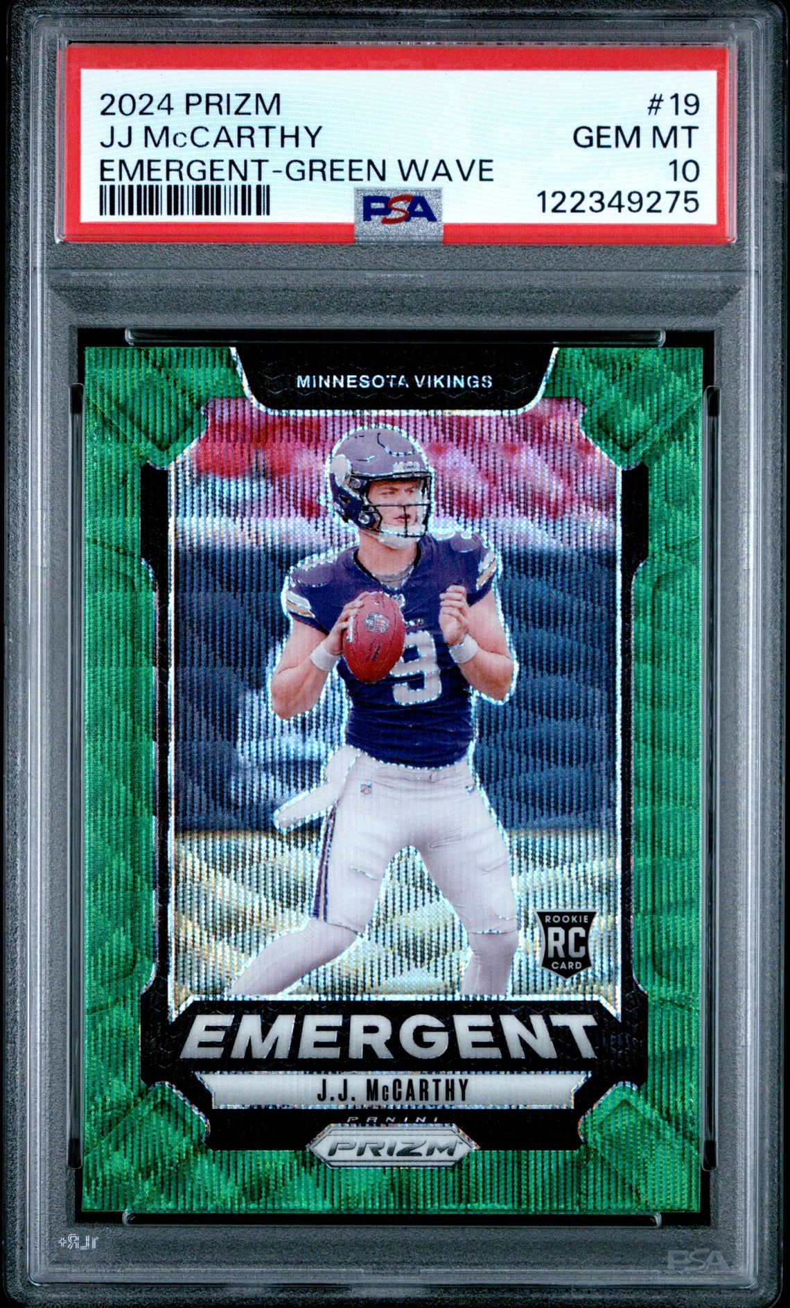 2024 Panini Prizm Emergent Jj Mccarthy #19 (Emergent-Green Wave) Gem Mt 10 front