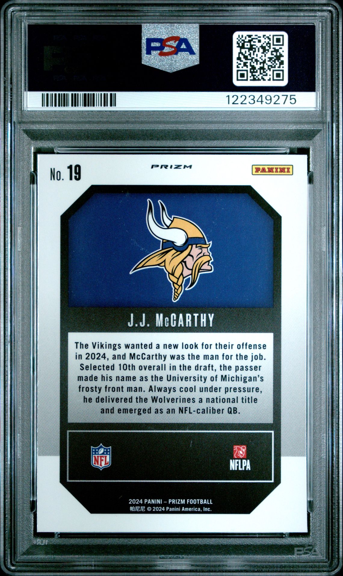2024 Panini Prizm Emergent Jj Mccarthy #19 (Emergent-Green Wave) Gem Mt 10 back