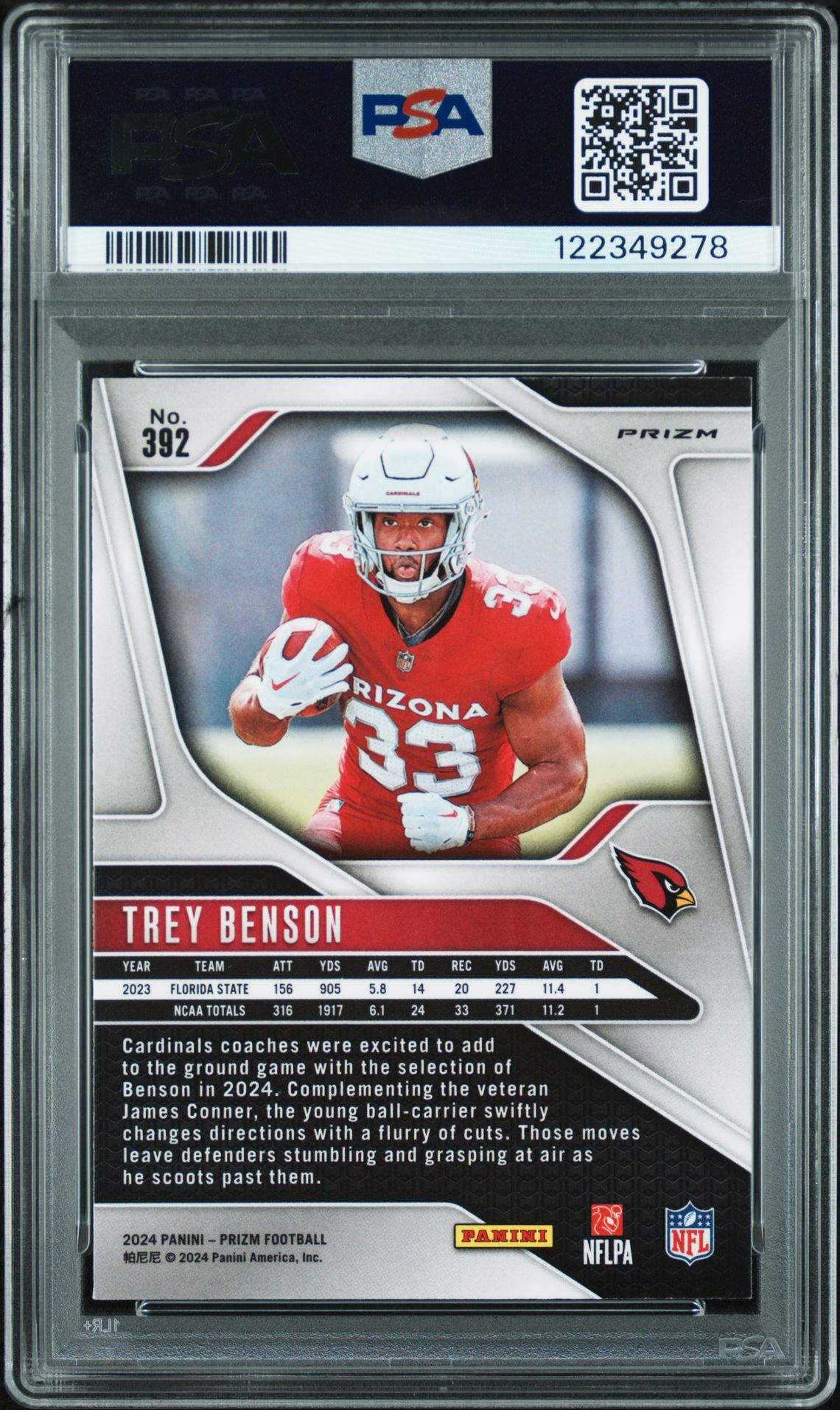2024 Panini Prizm Trey Benson #392 (Pink Wave) Gem Mt 10 back