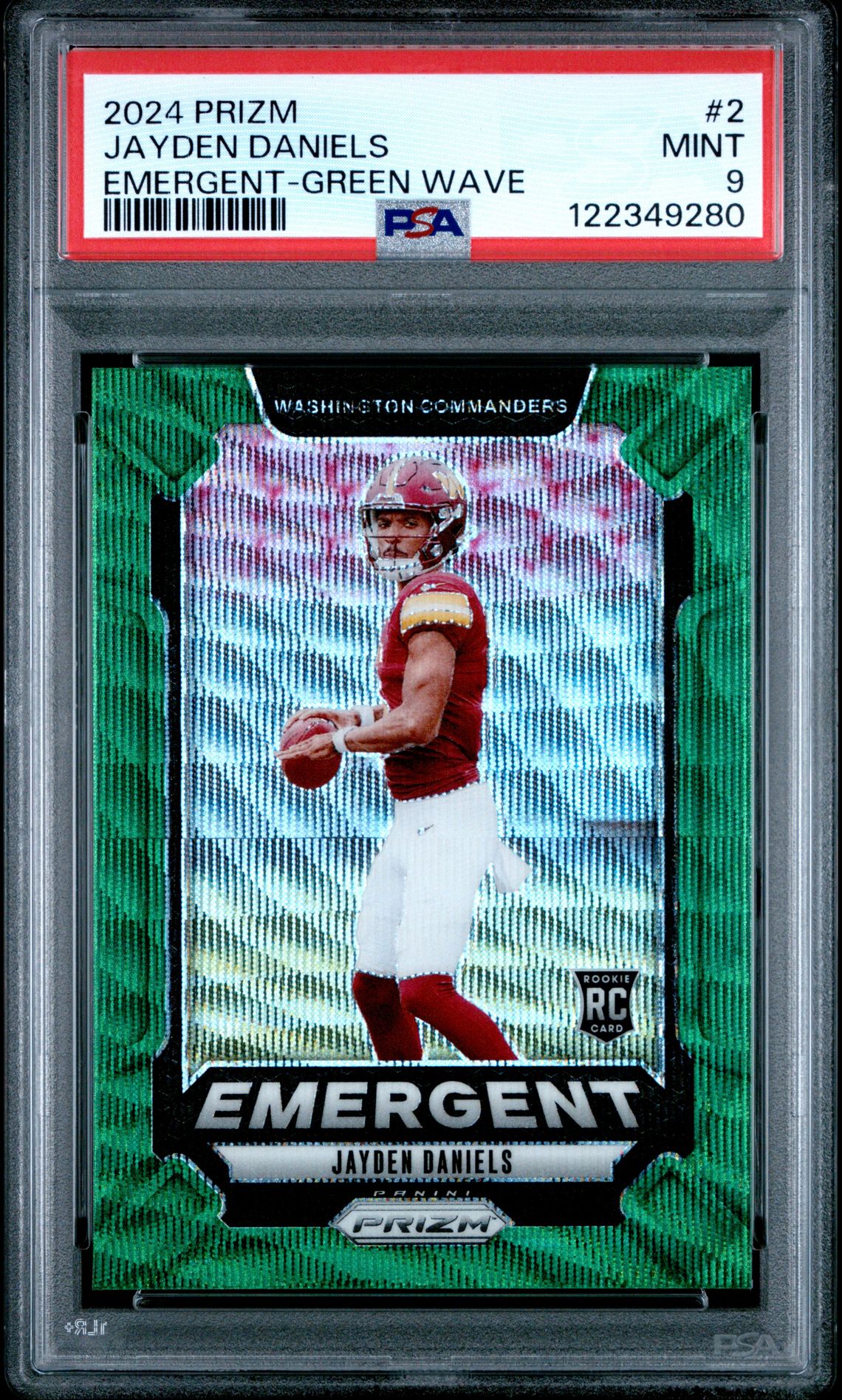 2024 Panini Prizm Emergent Jayden Daniels #2 (Emergent-Green Wave) Mint 9 front