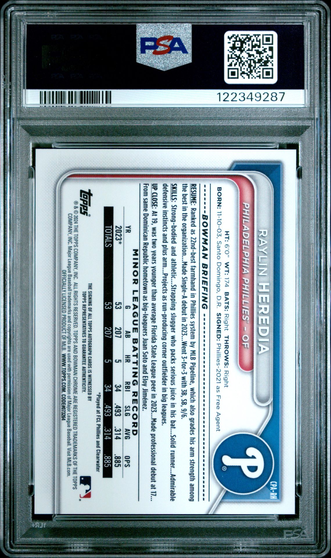 2024 Bowman Chrome Prospect Autographs Raylin Heredia #Cparh Mint 9 back