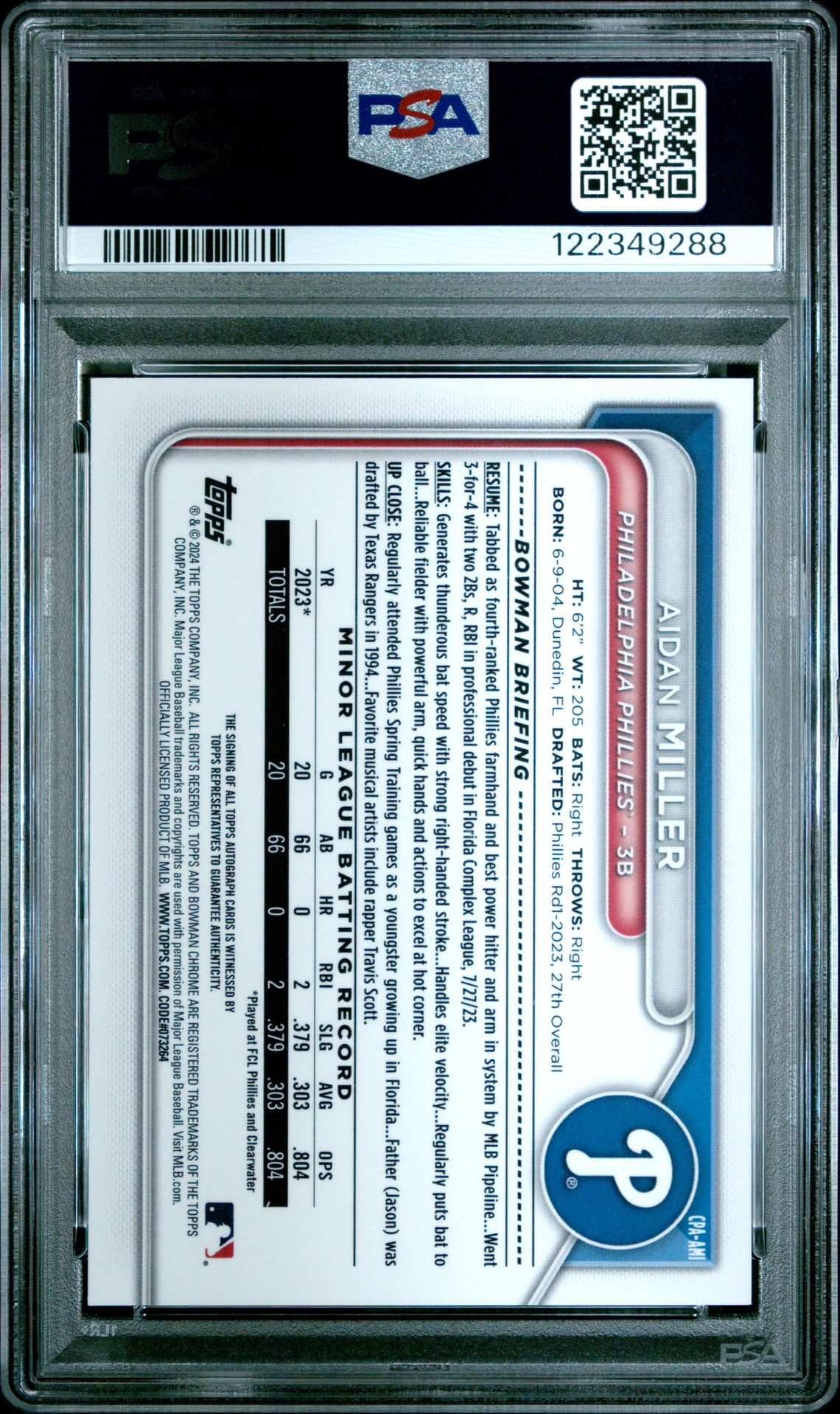 2024 Bowman Chrome Prospect Autographs Aidan Miller #Cpaami Mint 9 back