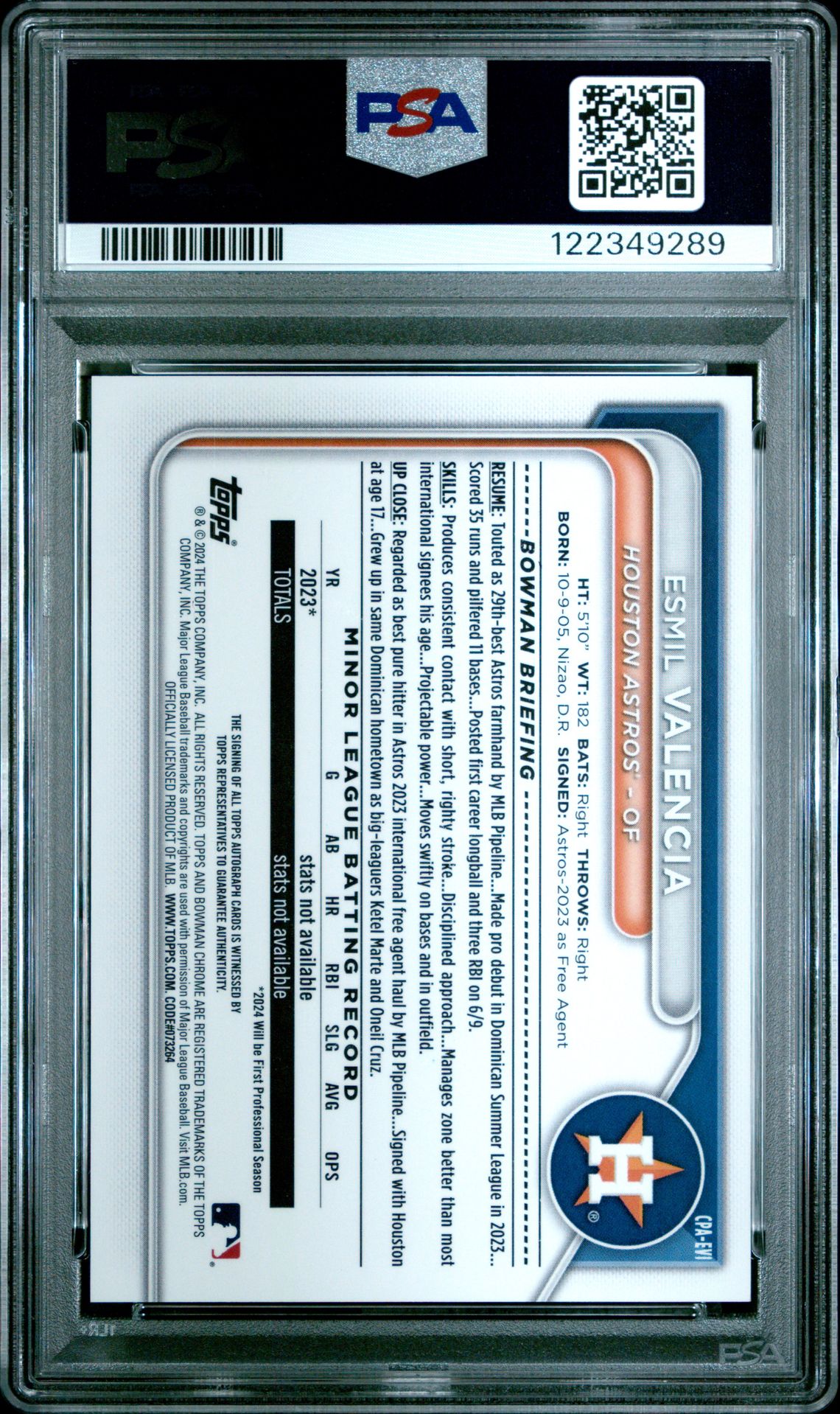 2024 Bowman Chrome Prospect Autographs Esmil Valencia #Cpaevi Gem Mt 10 back