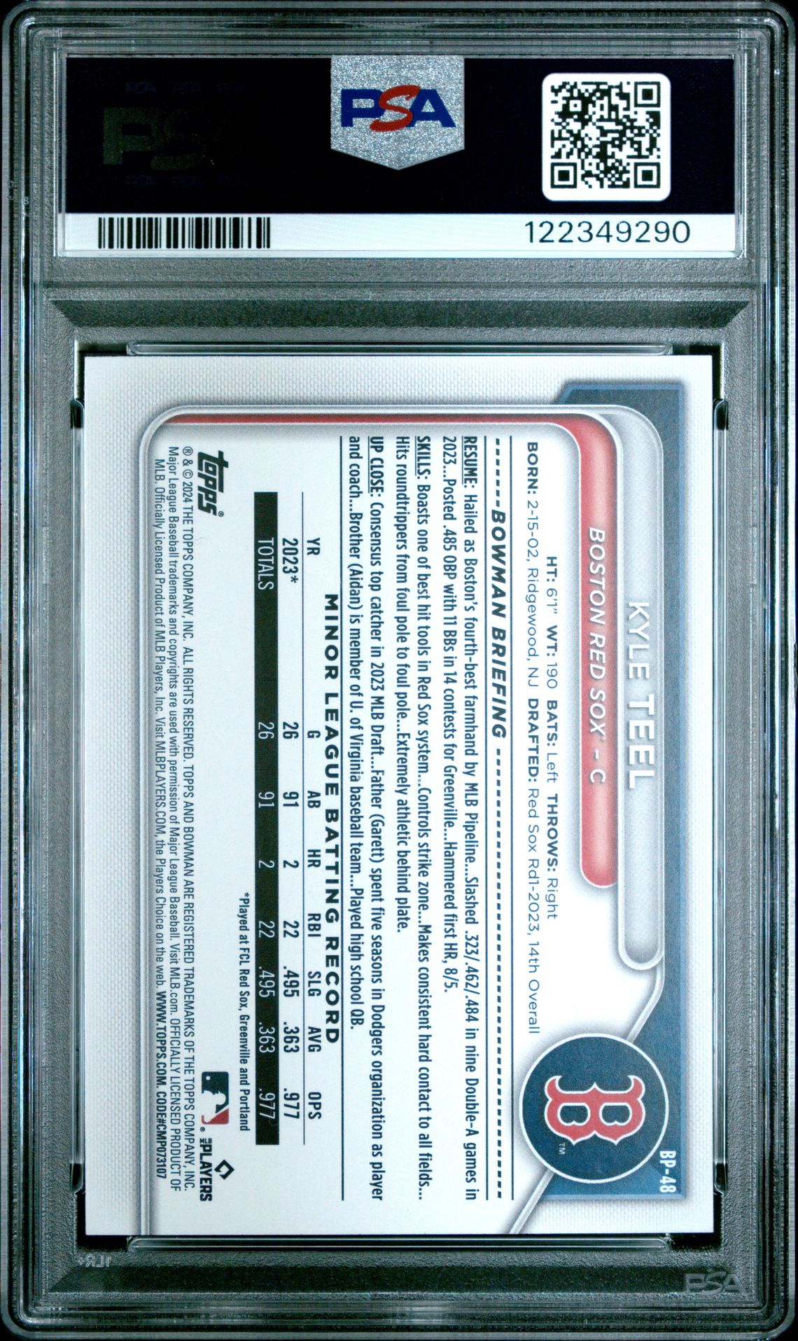 2024 Bowman Paper Prospects Kyle Teel #Bp48 (Paper Prospects-Neon Green) Mint 9 back