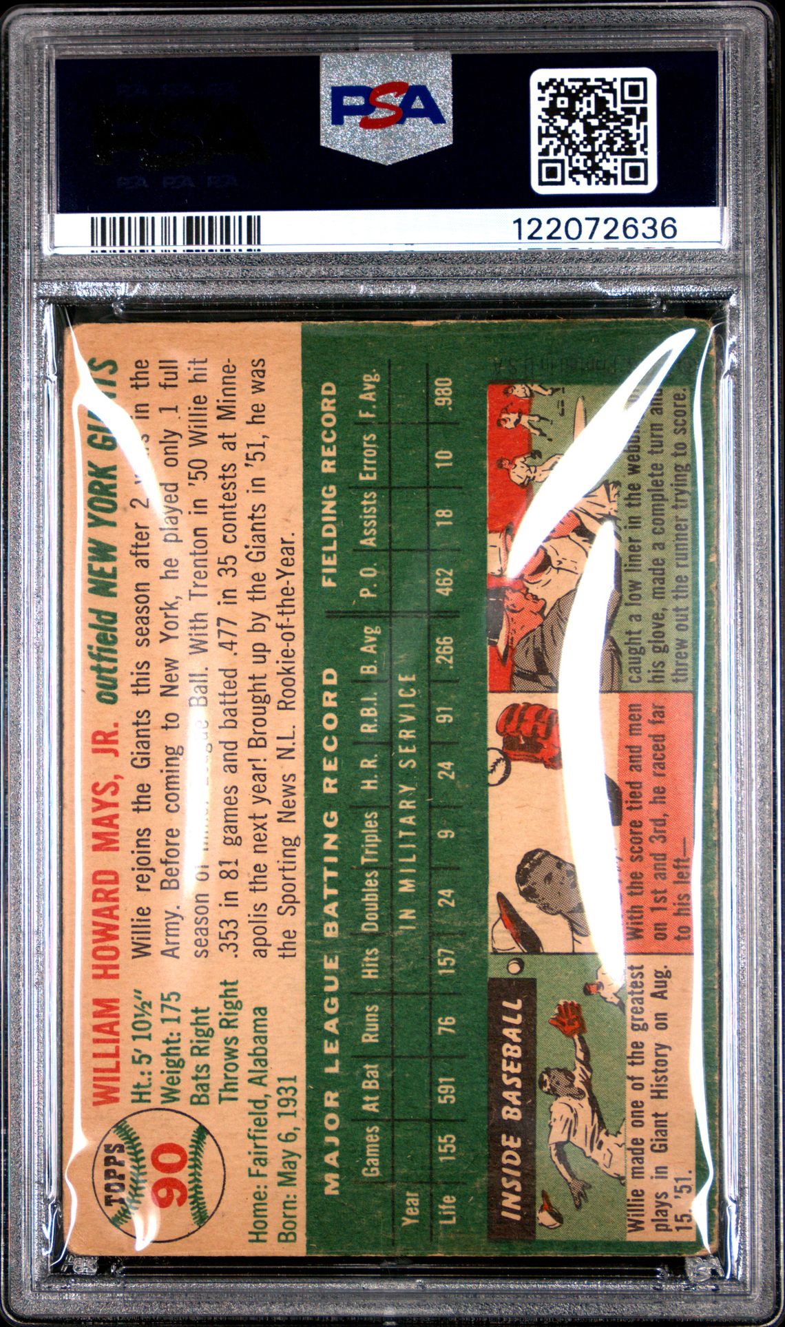 1954 Topps Willie Mays #90 Good 2 (Mk) back