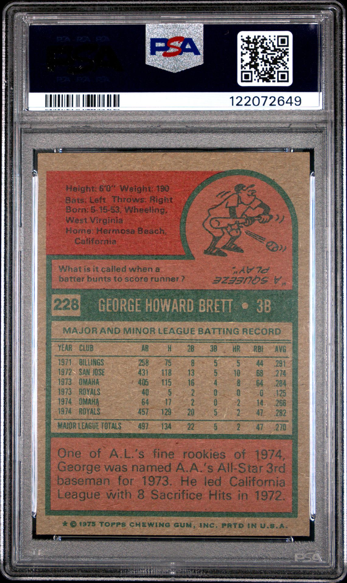 1975 Topps George Brett #228 Ex 5 back