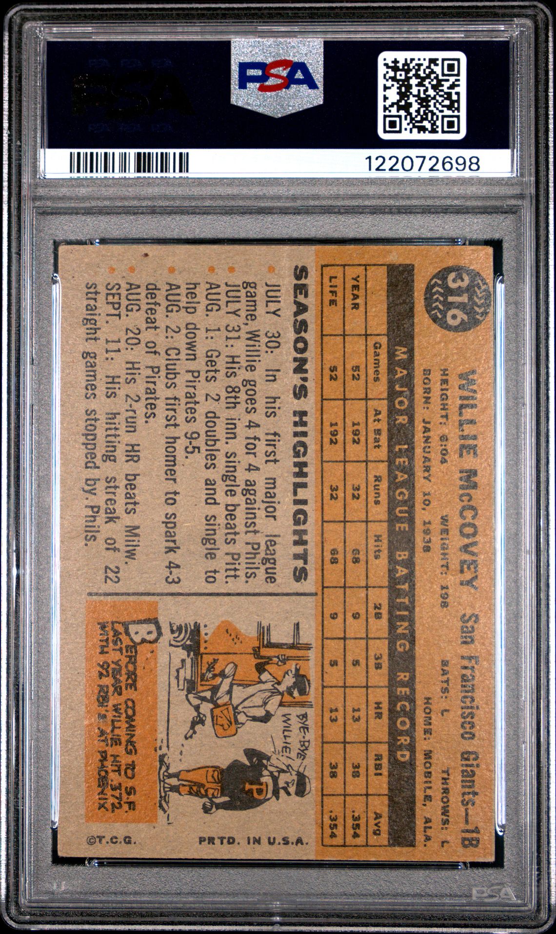 1960 Topps Willie Mccovey #316 (All-Star Rookie) Vg 3 back