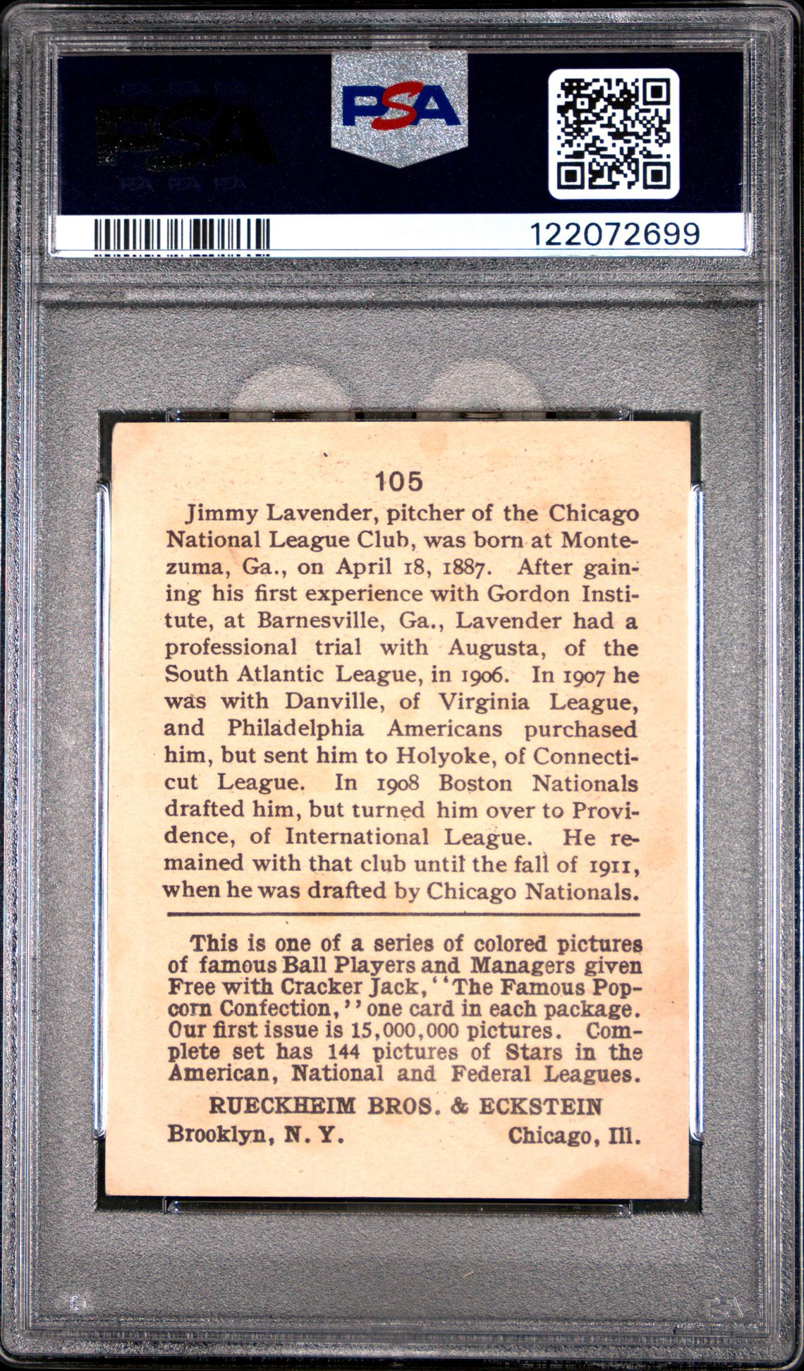 1914 Cracker Jack Jimmy Lavender #105 Good+ 2.5 back