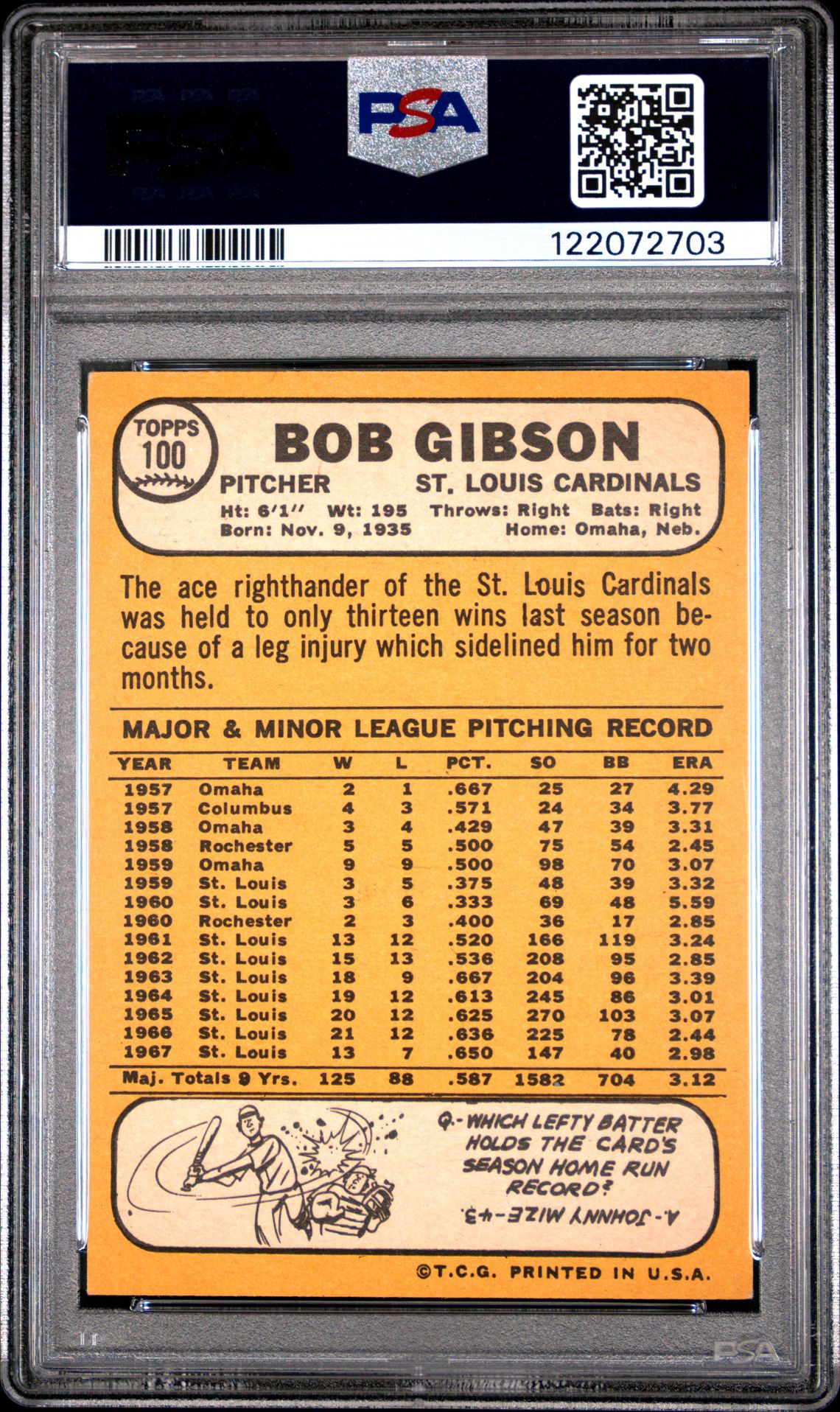 1968 Topps Bob Gibson #100 Ex-Mt 6 back