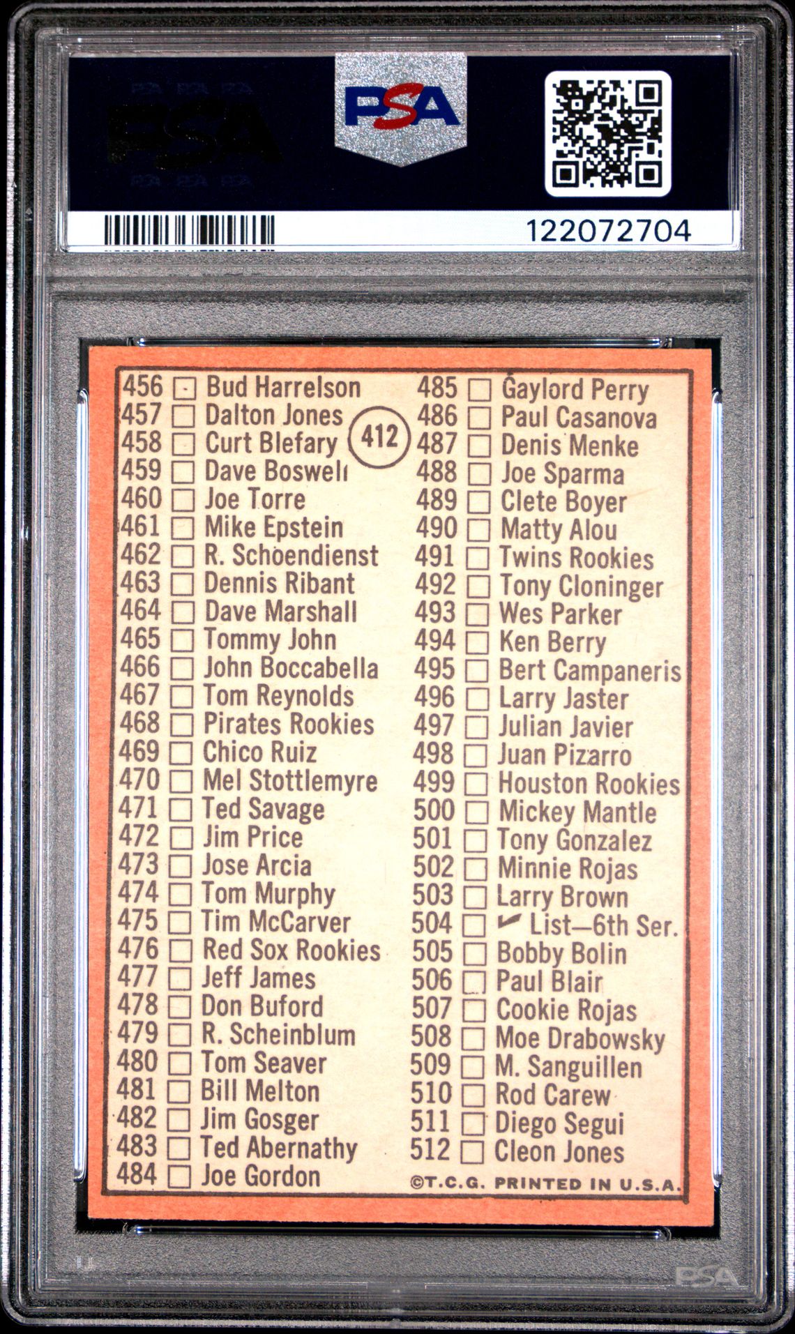 1969 Topps Checklist 426-512 #412 Ex-Mt 6 back