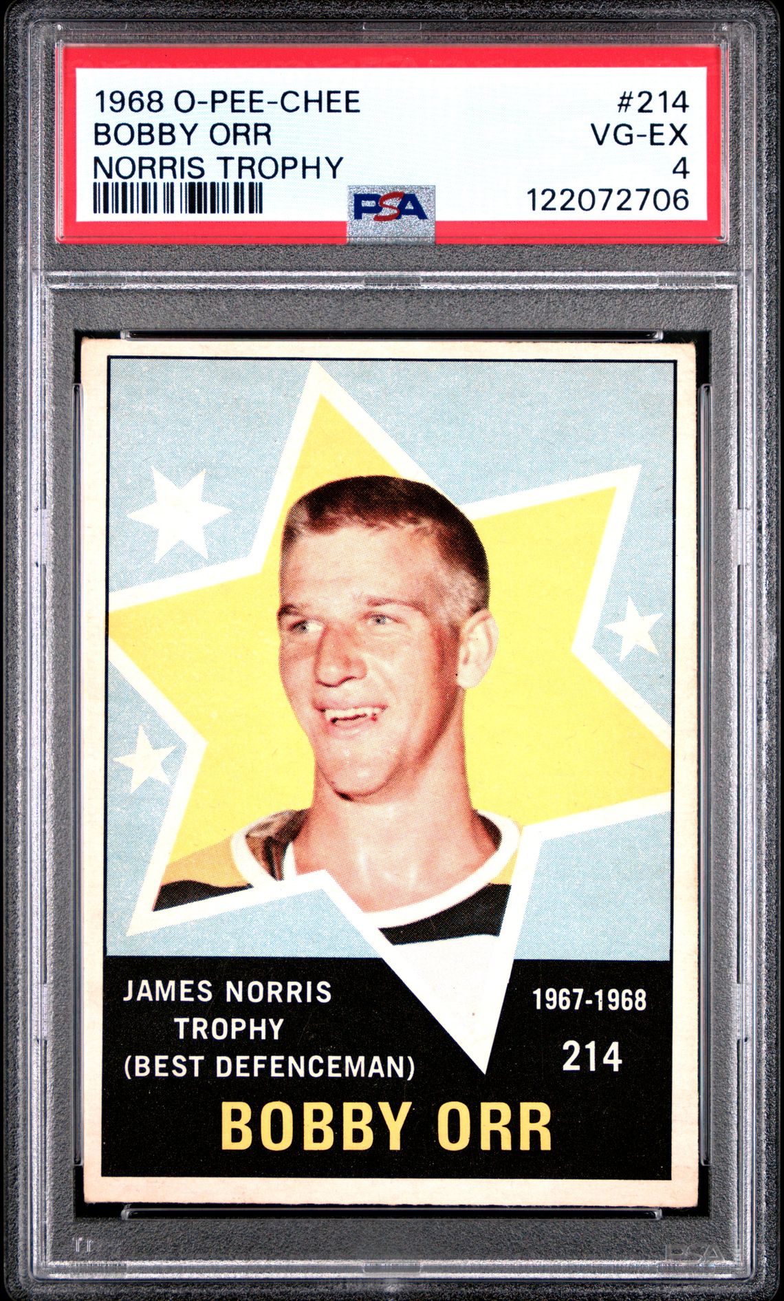 1968 O-Pee-Chee Bobby Orr #214 (Norris Trophy) Vg-Ex 4 front