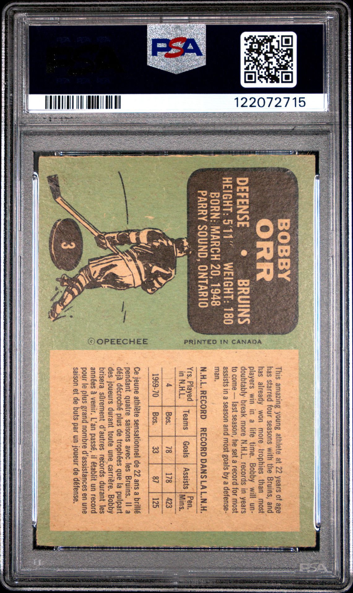 1970 O-Pee-Chee Bobby Orr #3 Vg-Ex 4 back