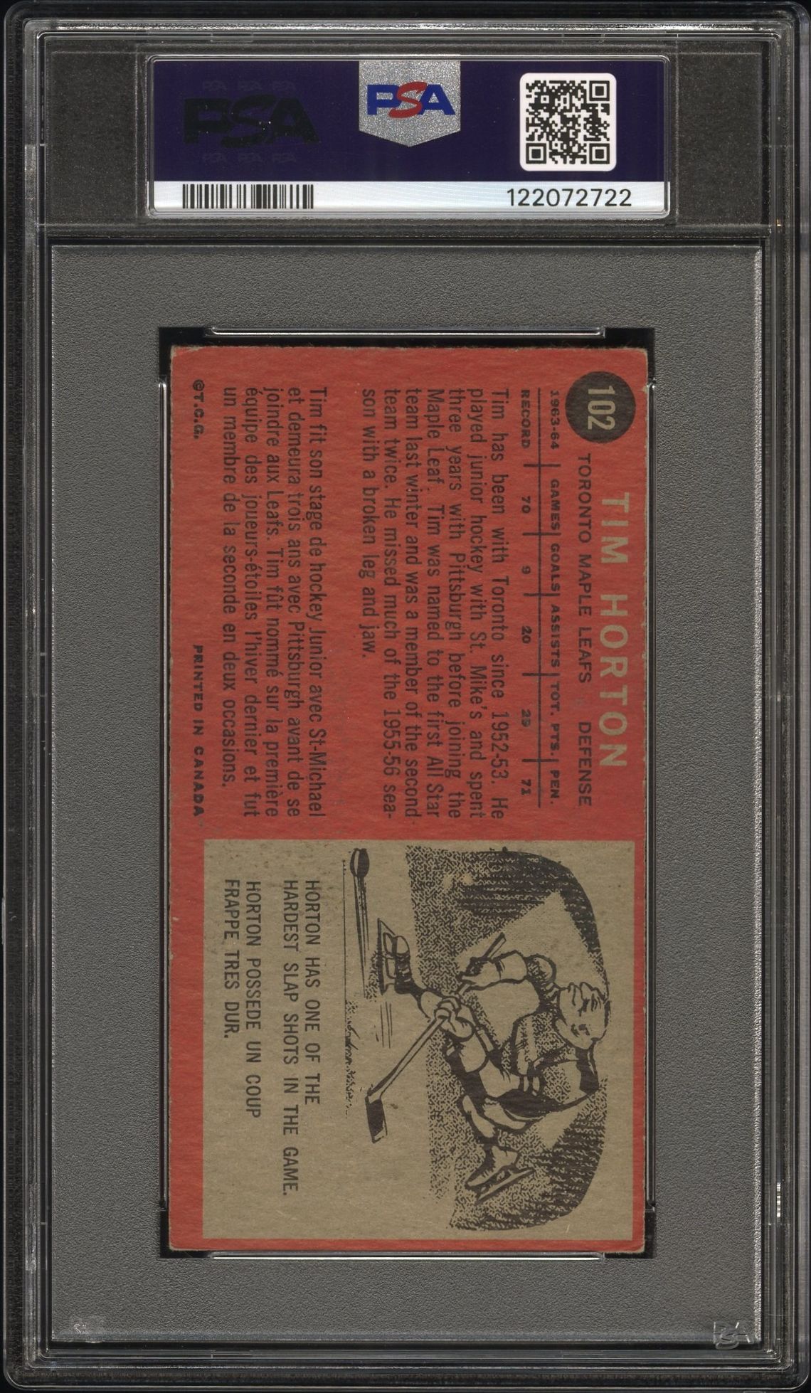 1964 Topps Tim Horton #102 Vg+ 3.5 back