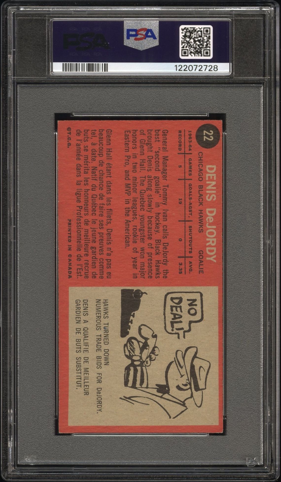 1964 Topps Denis Dejordy #22 Ex 5 back