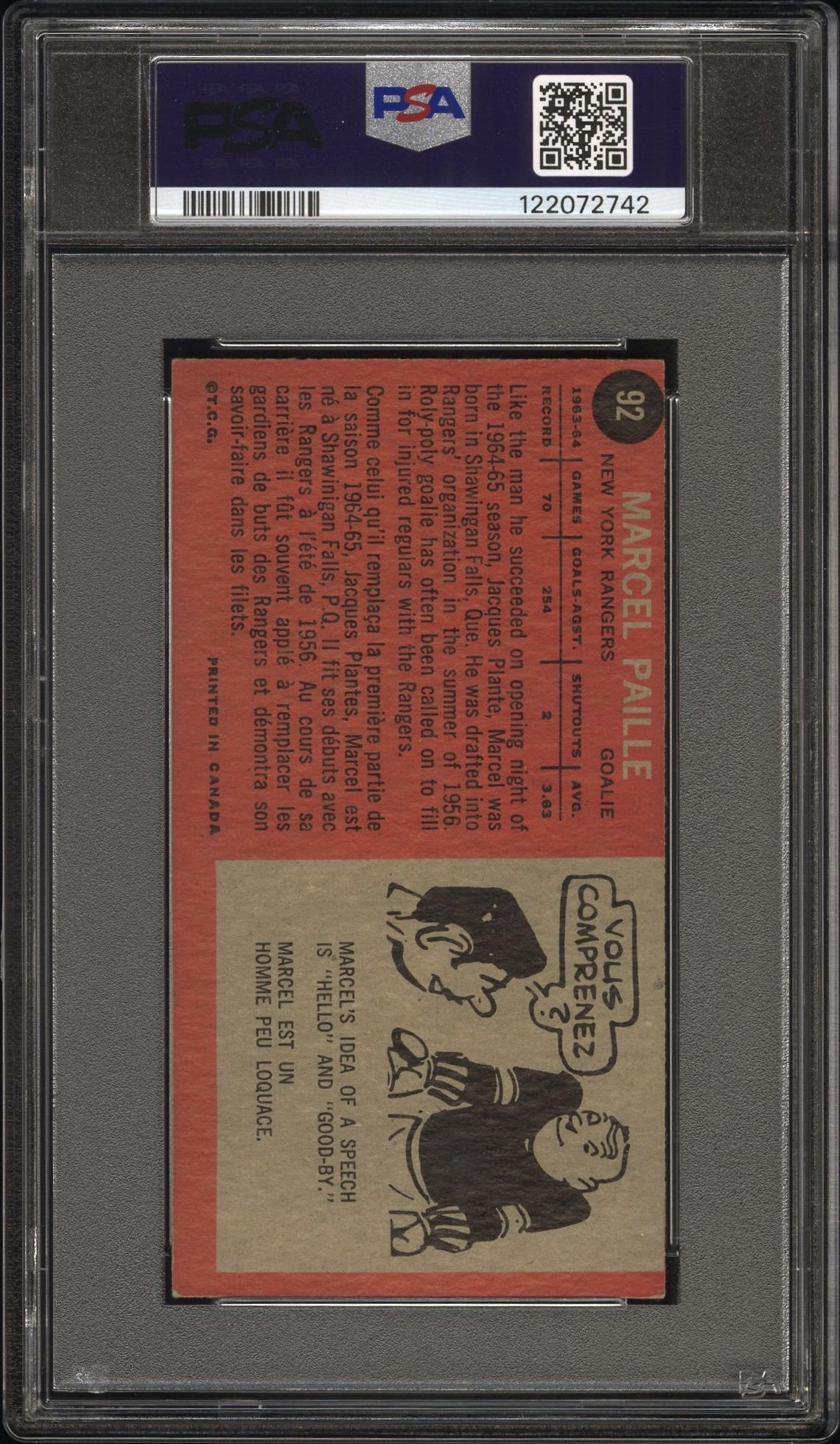 1964 Topps Marcel Paille #92 Vg-Ex 4 back