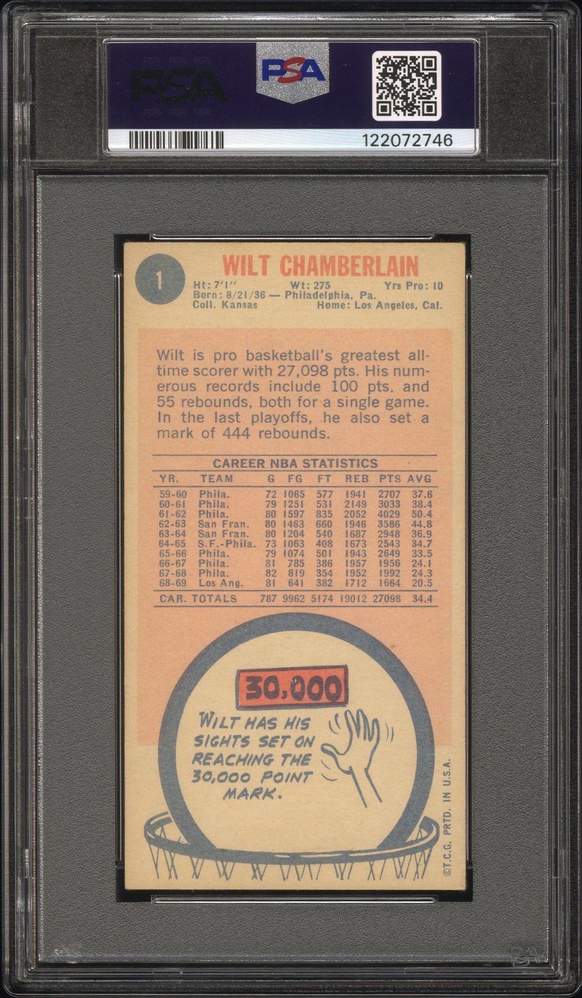 1969 Topps Wilt Chamberlain #1 Vg-Ex 4 back