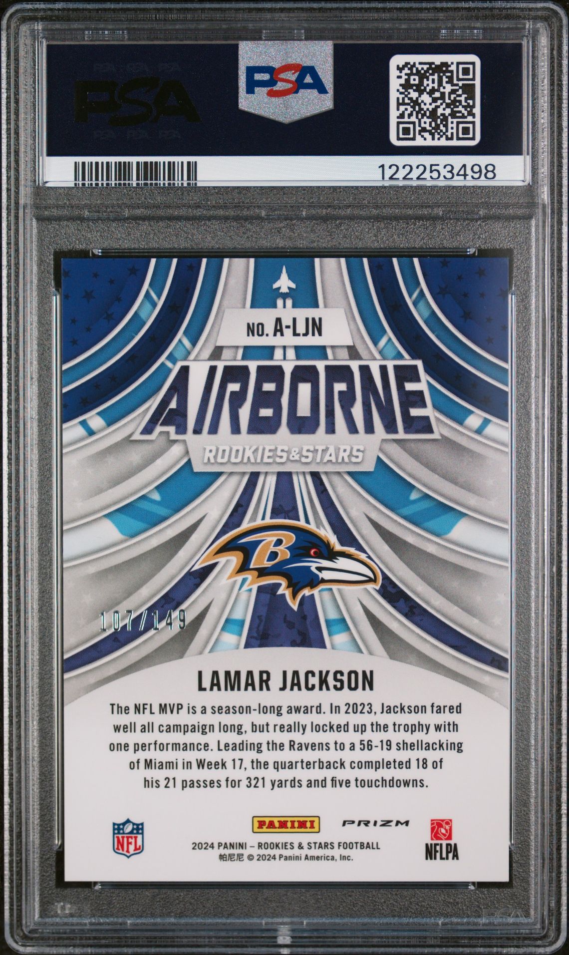 2024 Panini Rookies & Stars Airborne Lamar Jackson #Aljn (Airborne-White) Mint 9 back
