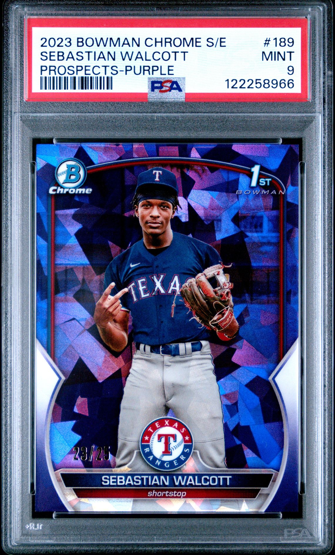 2023 Bowman Chrome Sapphire Edition Prospects Sebastian Walcott #189 (Prospects-Purple) Mint 9 front