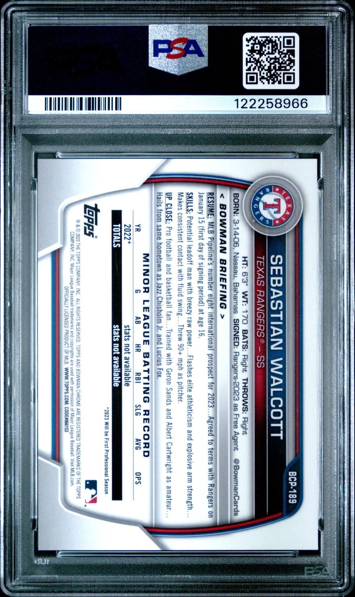 2023 Bowman Chrome Sapphire Edition Prospects Sebastian Walcott #189 (Prospects-Purple) Mint 9 back