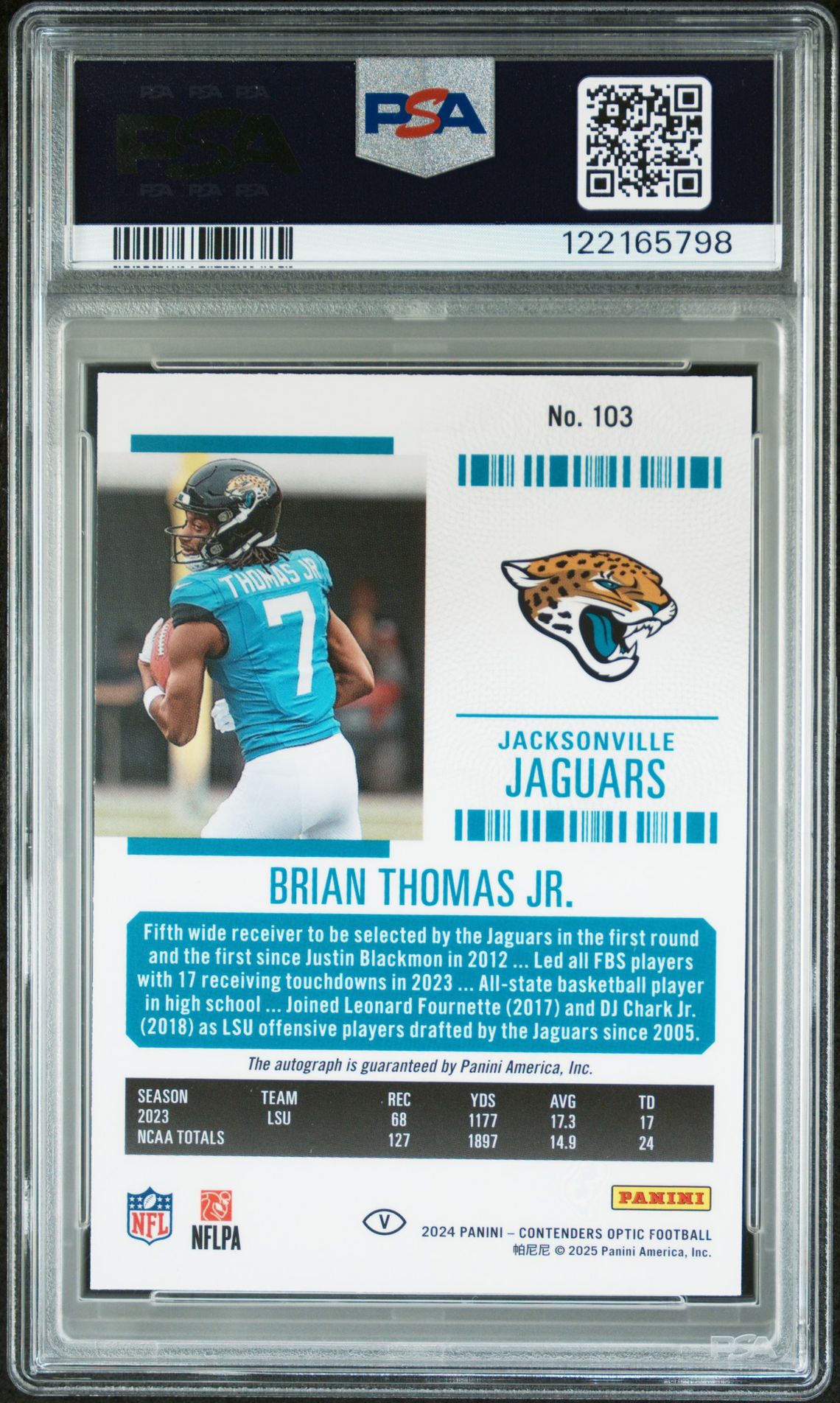 2024 Panini Contenders Optic Brian Thomas Jr. #103 (Variation-Autograph) Mint 9 back