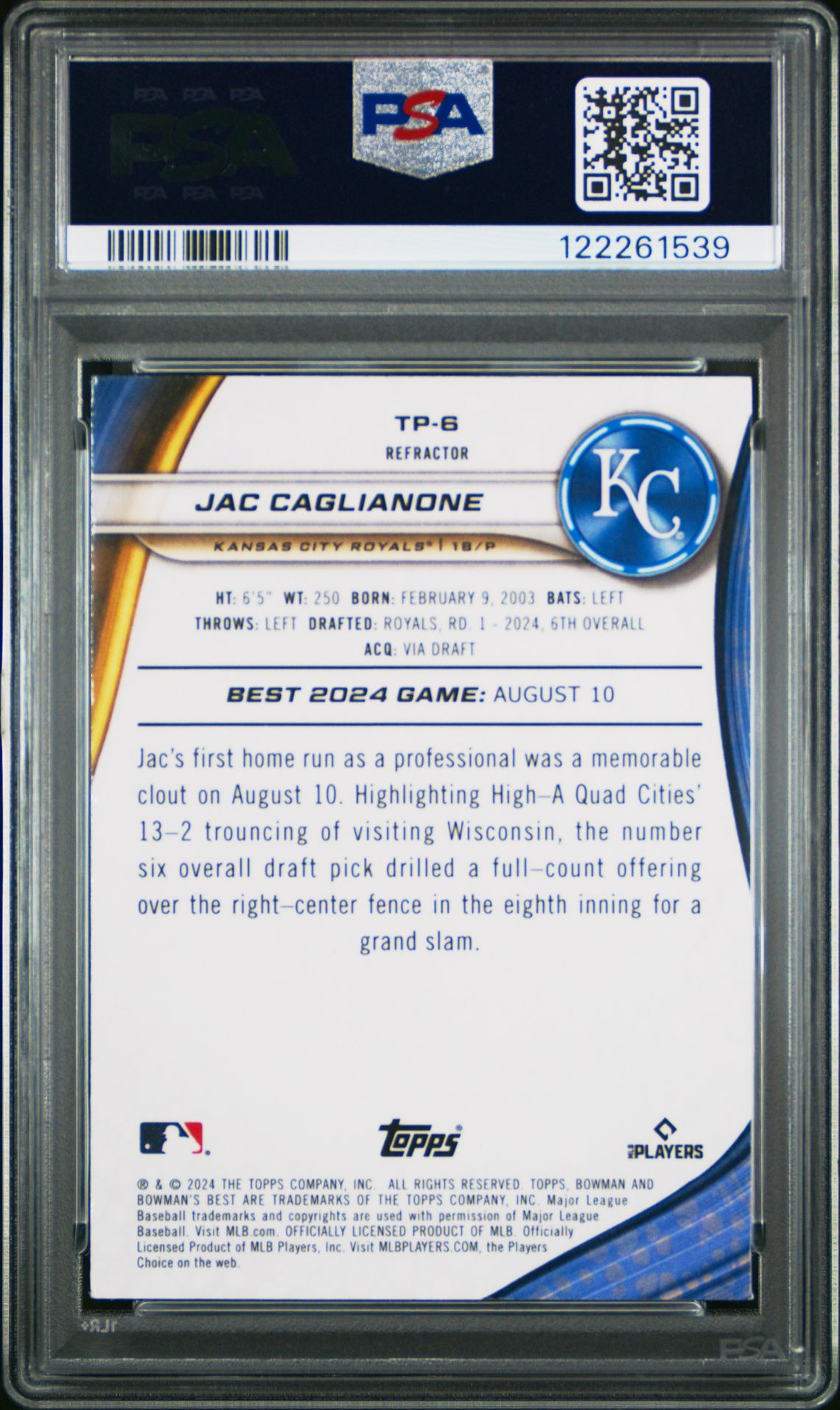 2024 Bowman's Best Top Prospects Jac Caglianone #Tp6 (Top Prospects-Refractor) Gem Mt 10 back