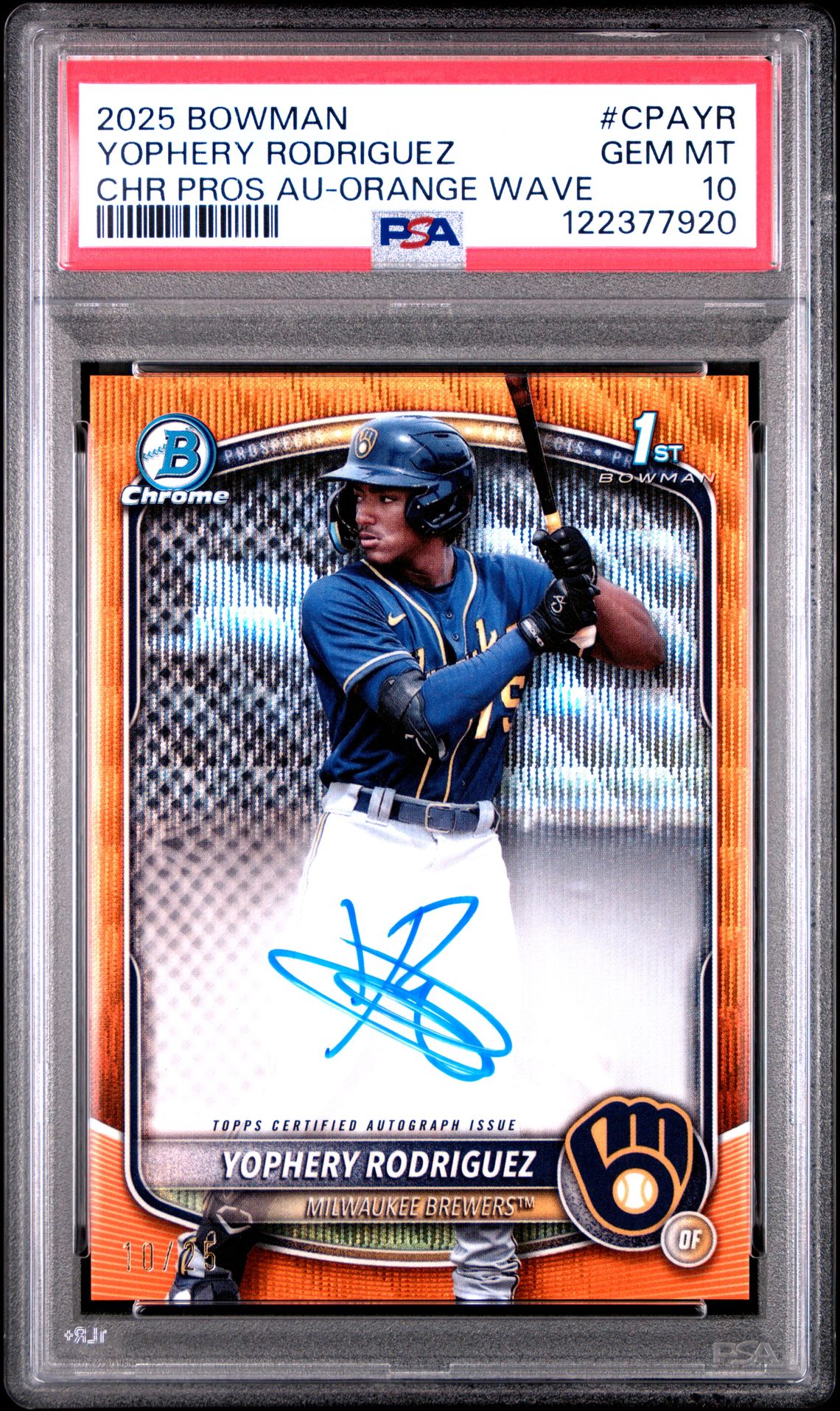 2025 Bowman BOWMAN CHROME PROSPECT AUTOGRAPHS CHR PROS AU-ORANGE WAVE #CPAYR Yophery Rodriguez front