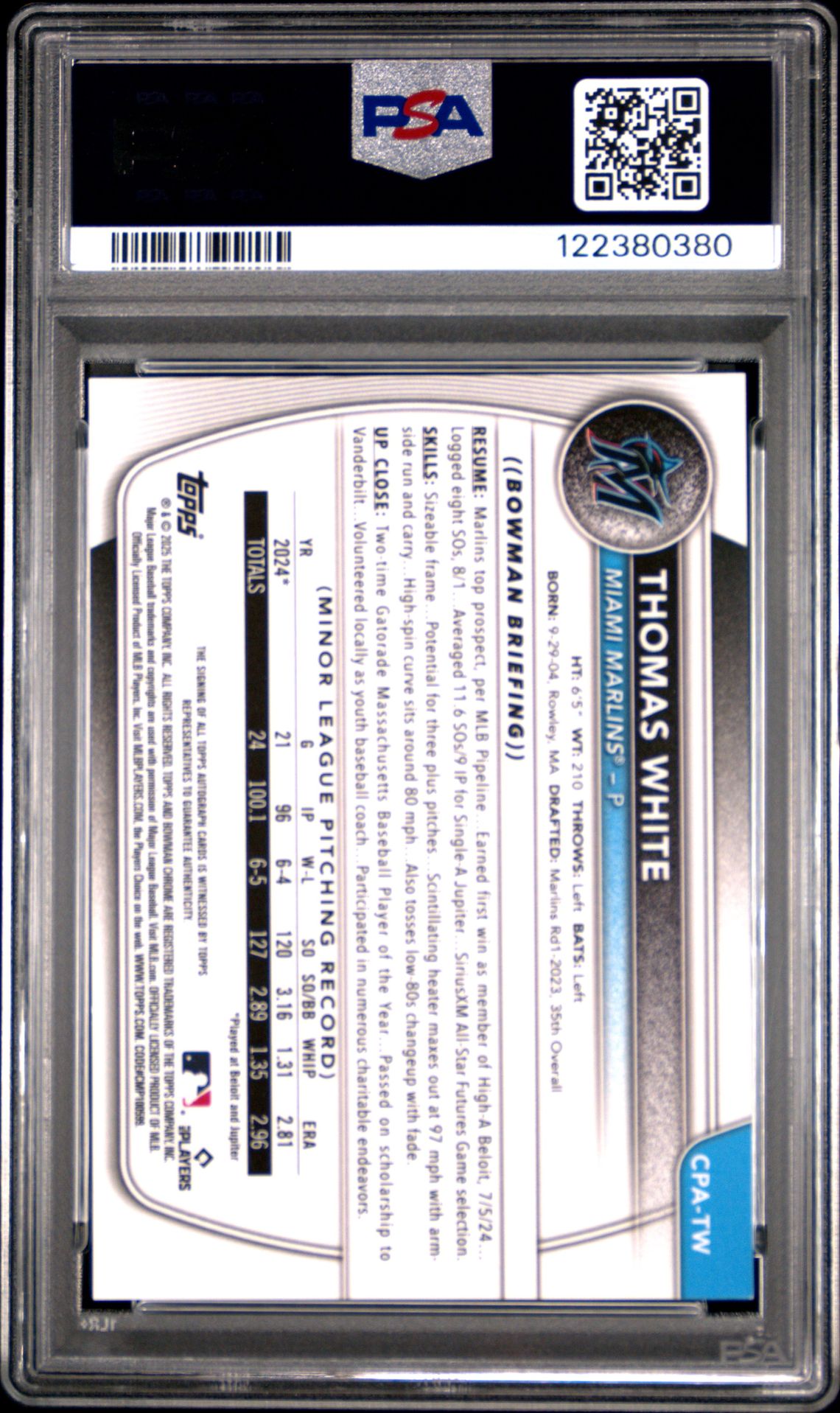 2025 Bowman Chrome Prospect Autographs Thomas White #Cpatw (Chrome Pros Au-Speckle Ref) Mint 9 back