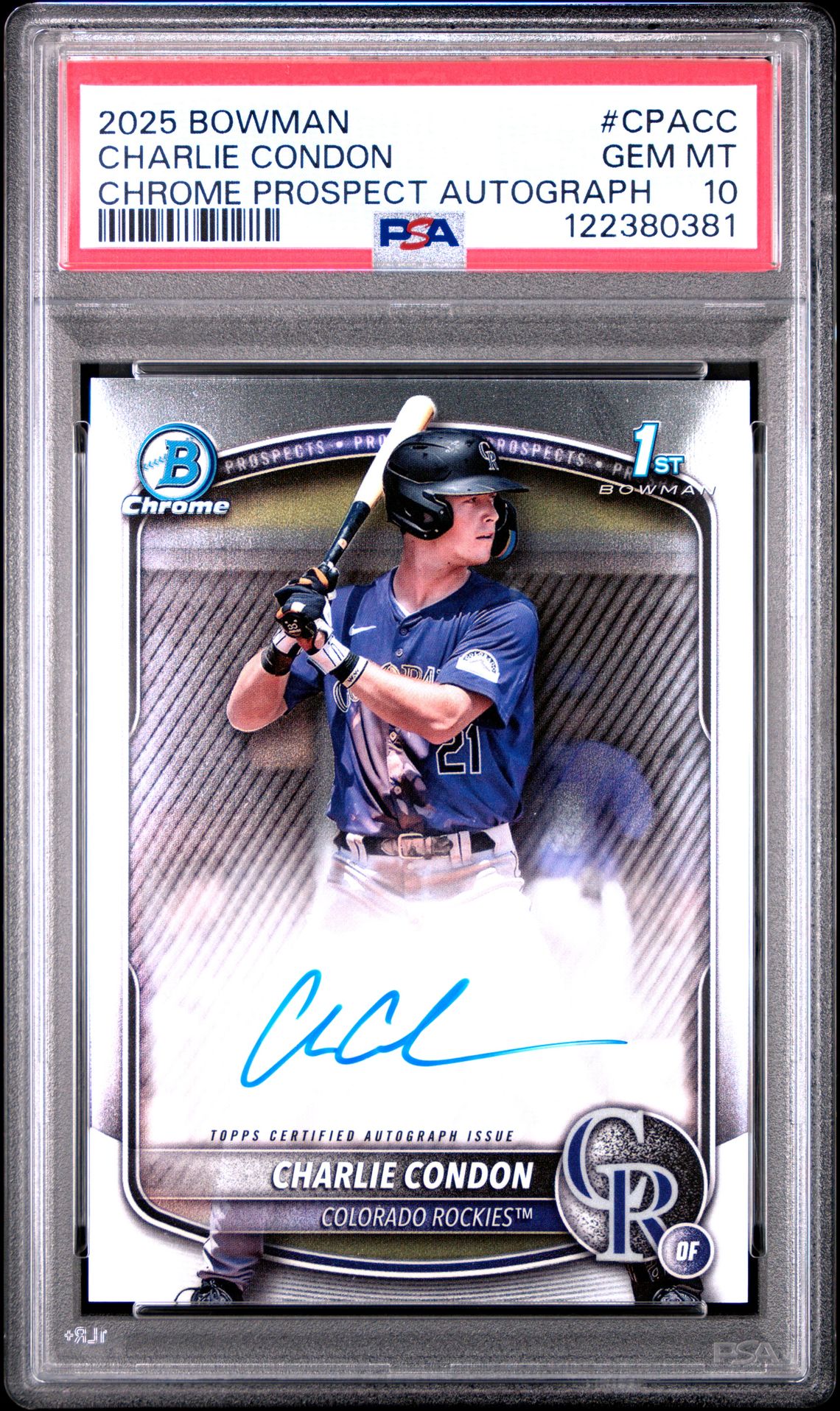 2025 Bowman Chrome Prospect Autographs Charlie Condon #Cpacc Gem Mt 10 front view - PSA graded GEM MT 10