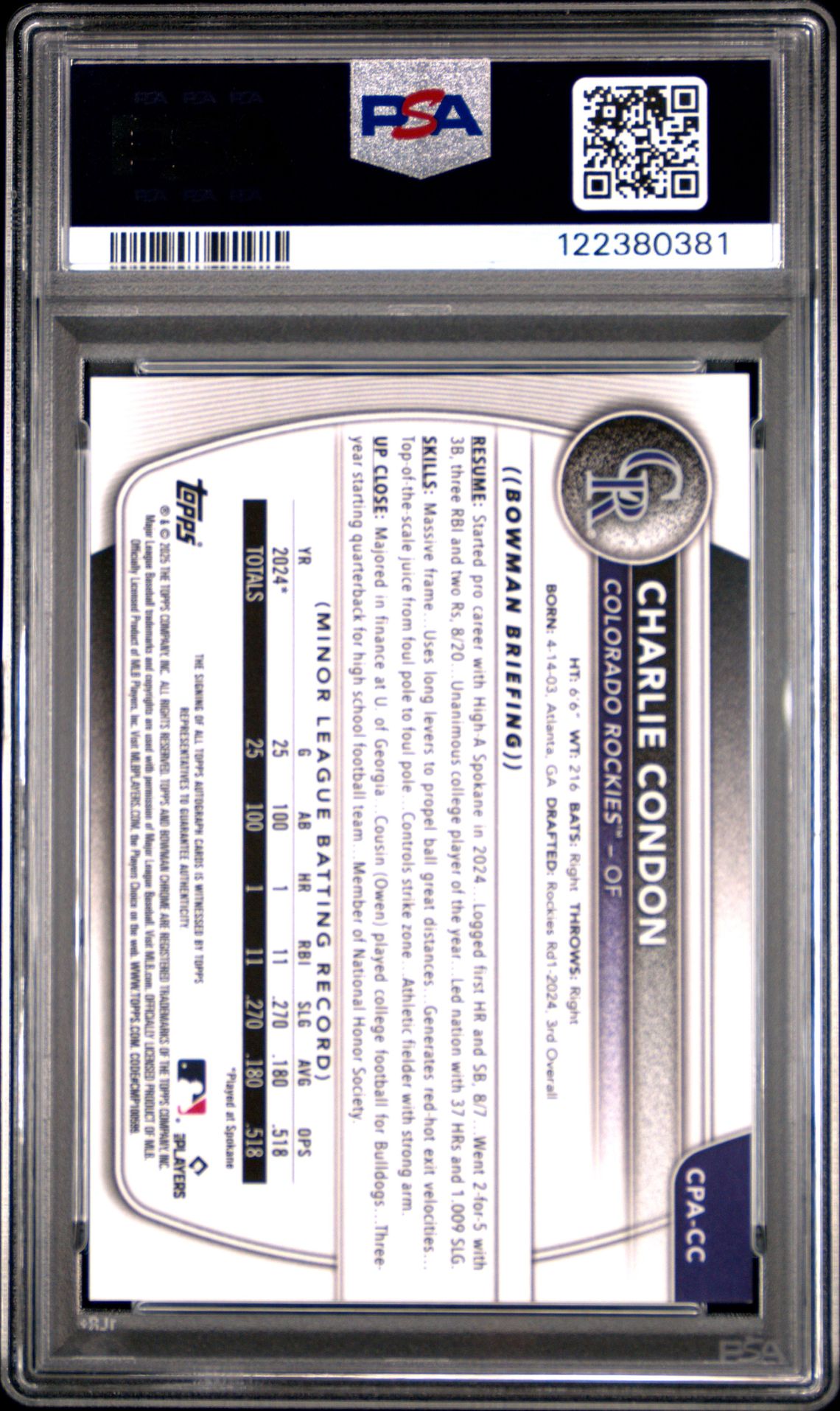 2025 Bowman Chrome Prospect Autographs Charlie Condon #Cpacc Gem Mt 10 back view - PSA certificate #122380381