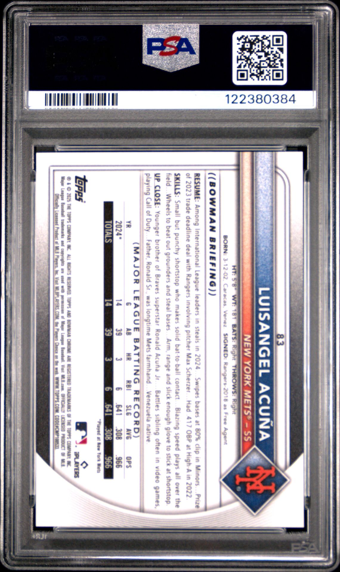 2025 Bowman Luisangel Acuna #83 (Etched In Glass Variation) Gem Mt 10 back