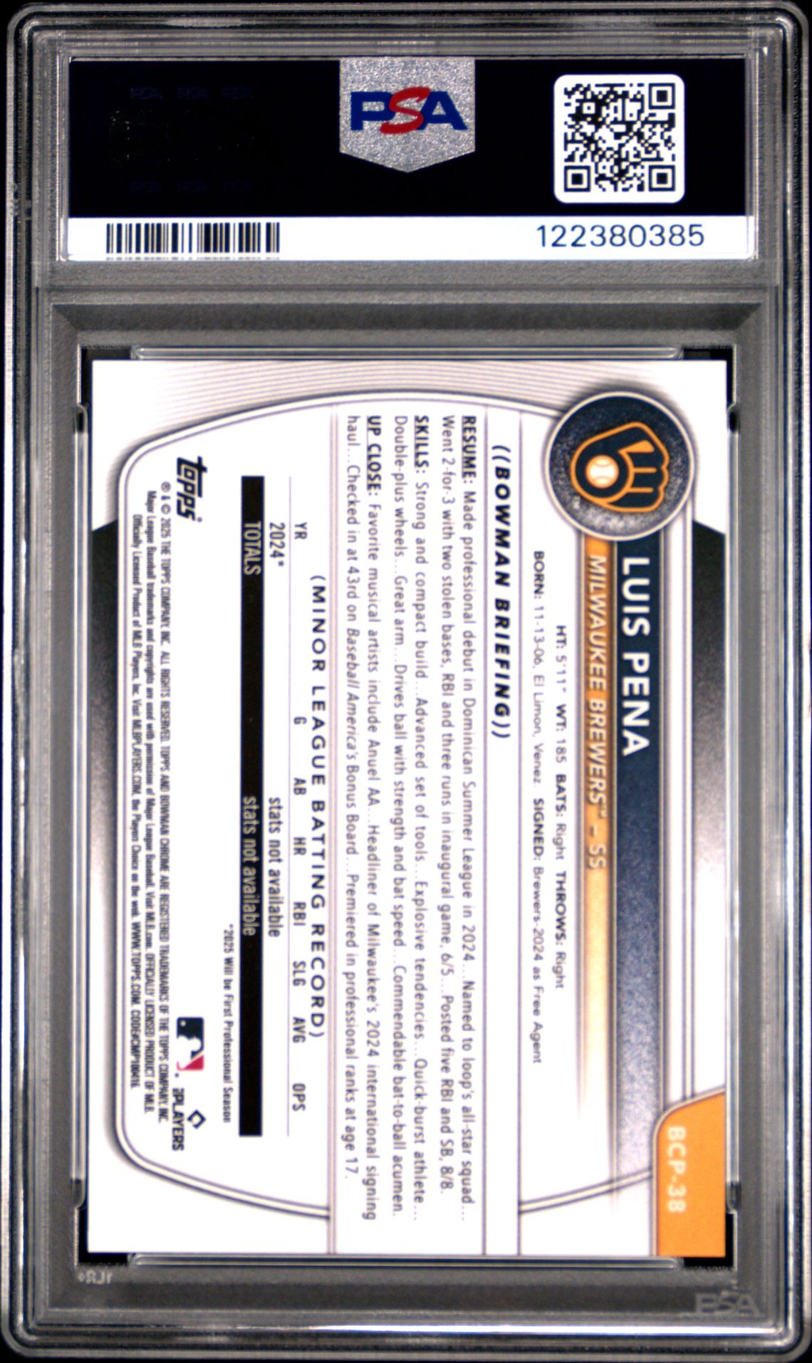 2025 Bowman Chrome Prospects Luis Pena #Bcp38 (Chrome Pros-Gold Geometric) Mint 9 back