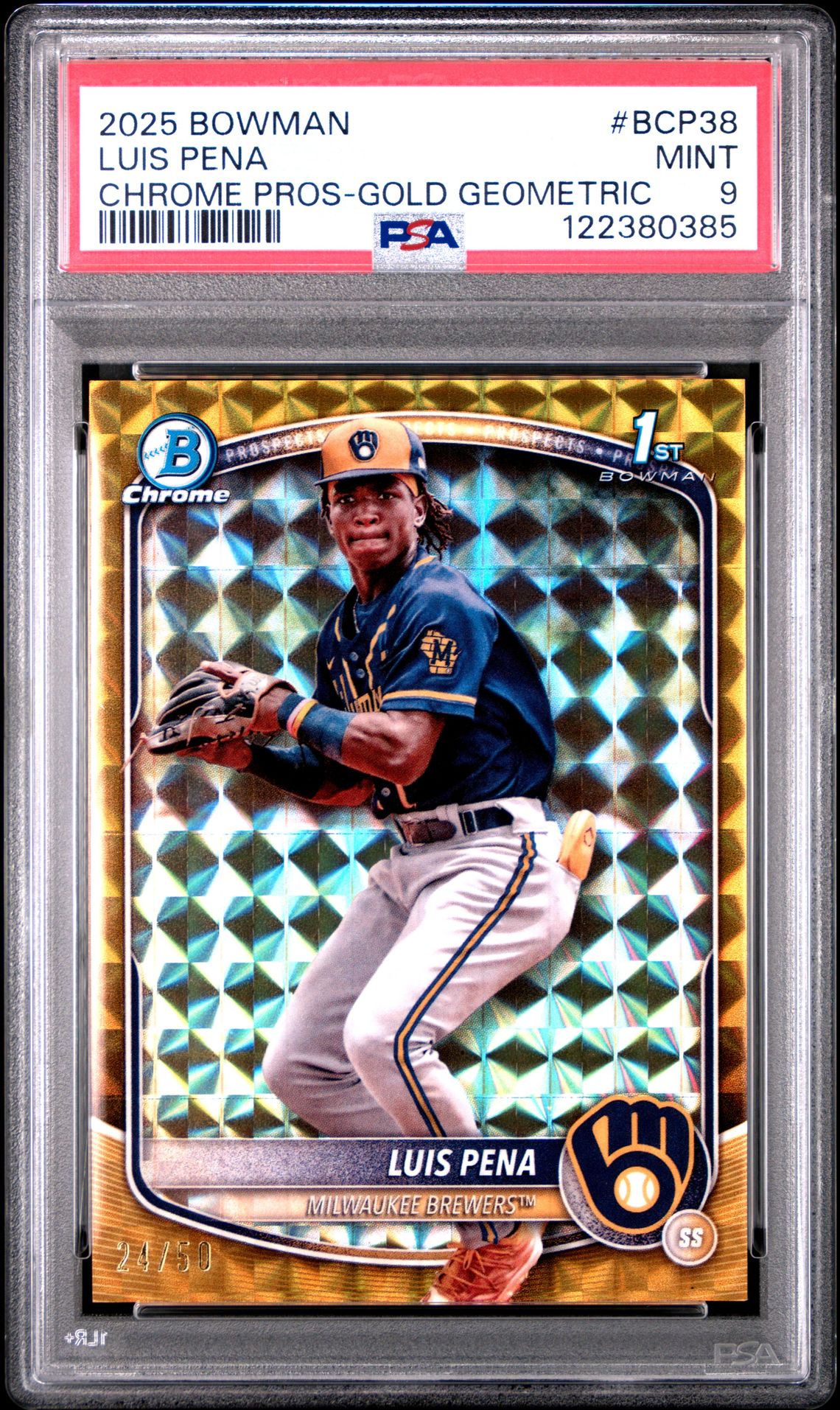 2025 Bowman Chrome Prospects Luis Pena #Bcp38 (Chrome Pros-Gold Geometric) Mint 9 front