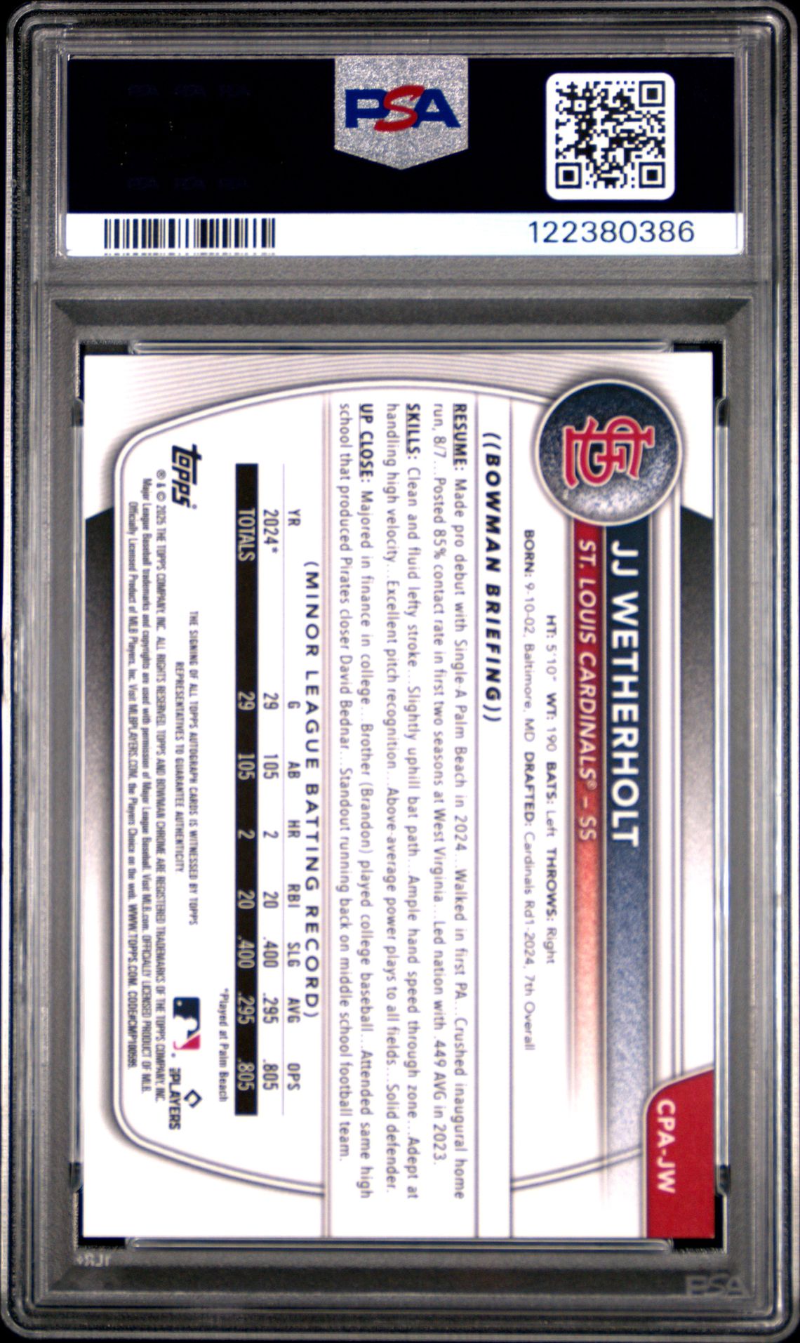 2025 Bowman Chrome Prospect Autographs Jj Wetherholt #Cpajw Mint 9 back