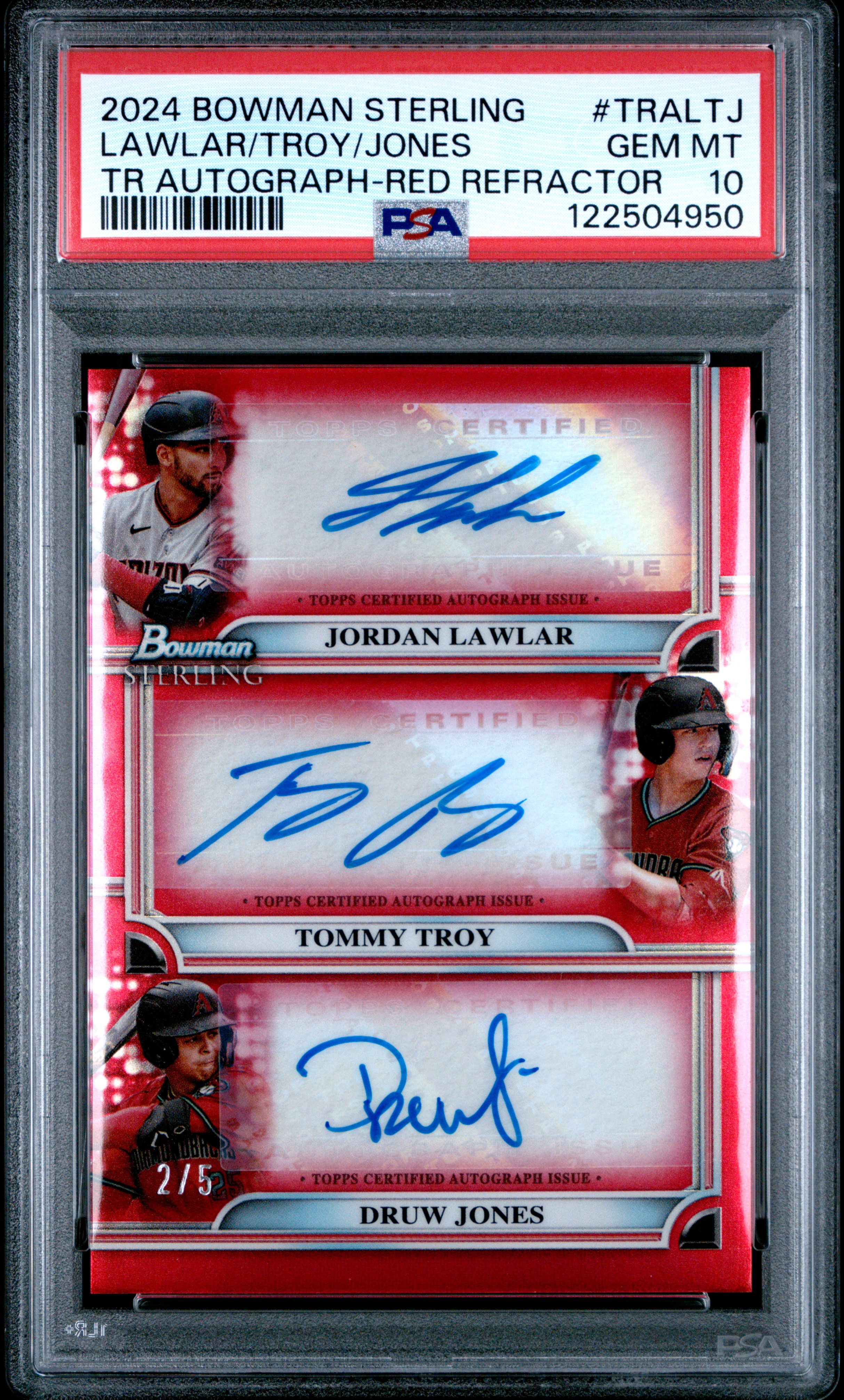 2024 Bowman Sterling Triple Refractor Autographs Druw Jones / Jordan Lawlar / Tommy Troy Red Refractor #TRALTJ PSA 10