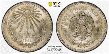 1944-M Peso KM-455  Ag MS67