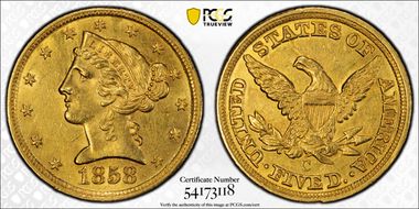 1858-C $5 AU58