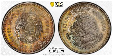 1948-Mo 5 Peso Cuauhtemoc KM-465  Ag MS65