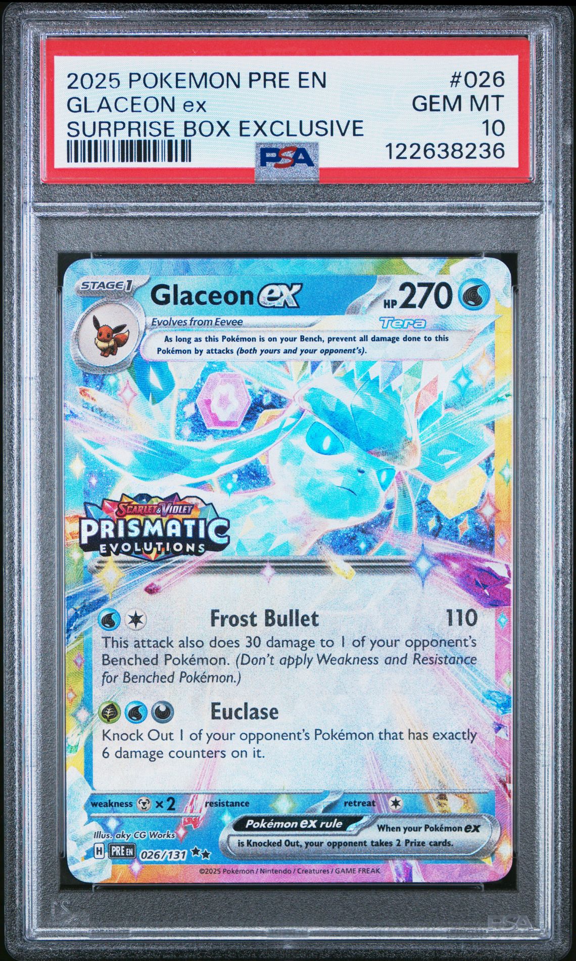 2025 Pokemon Pre En-Prismatic Evolutions Glaceon Ex #026 (Surprise Box Exclusive) Gem Mt 10 front