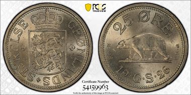 1926 HCN GJ 25 Øre KM-5 w/o Hole MS65