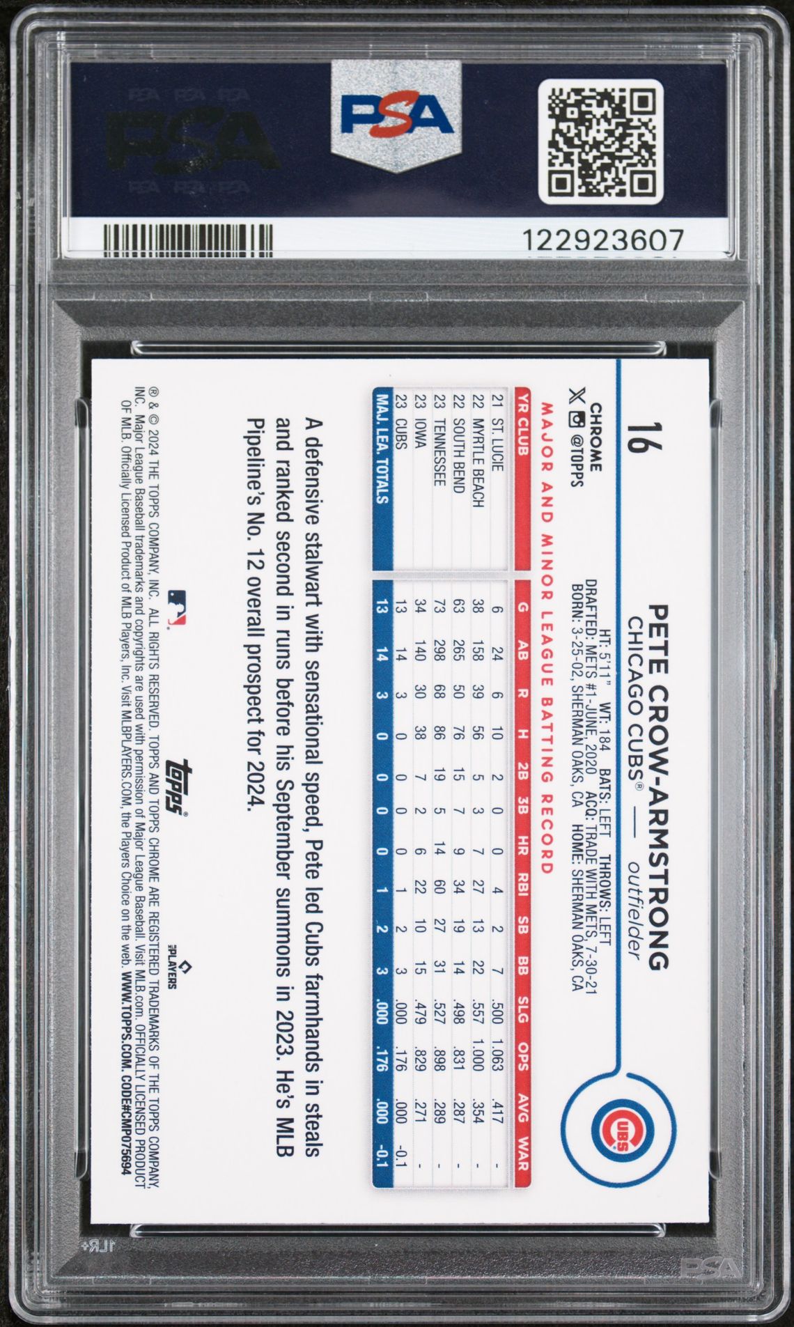 2024 Topps Chrome Pete Crow-Armstrong #16 (Prism Refractor) Gem Mt 10 back view - PSA certificate #122923607