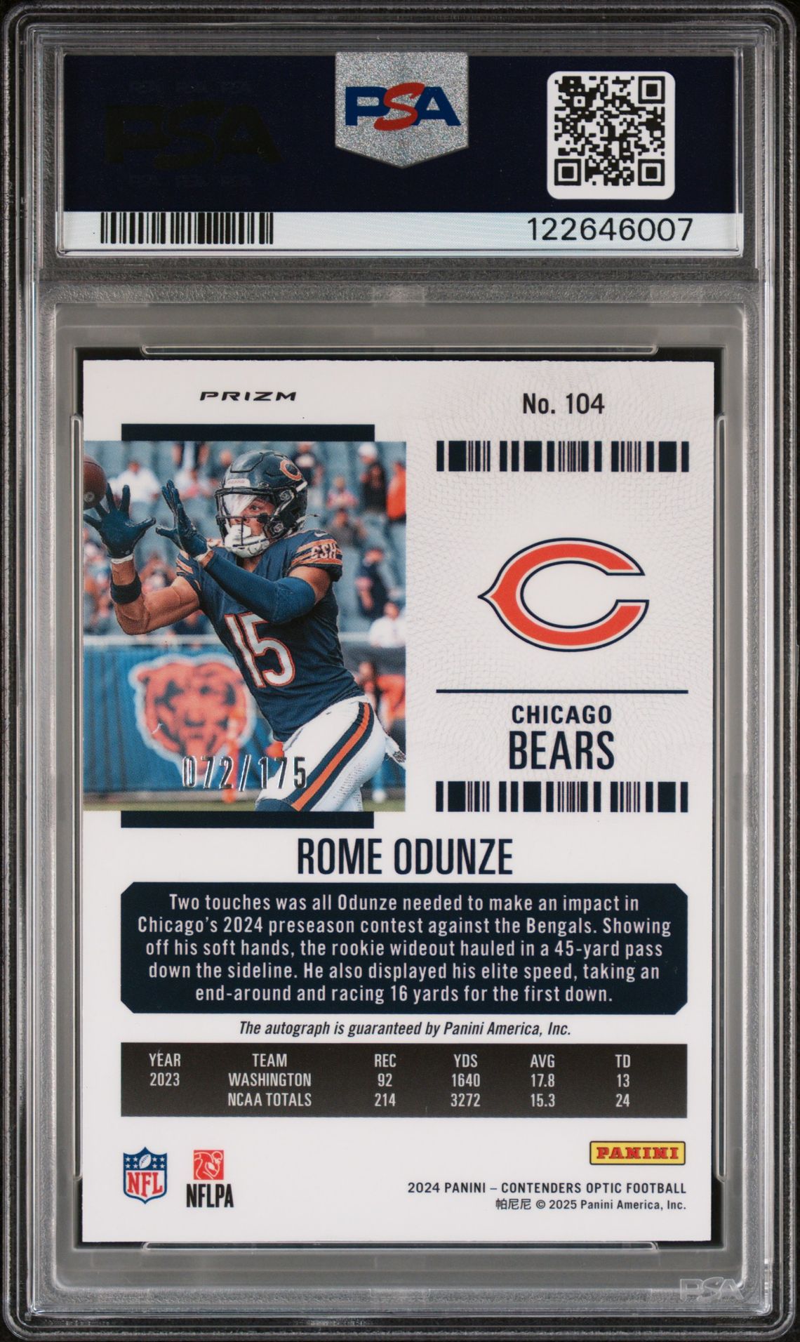 2024 Panini Contenders Optic Rome Odunze #104 (Autograph-Red) Nm-Mt 8 back