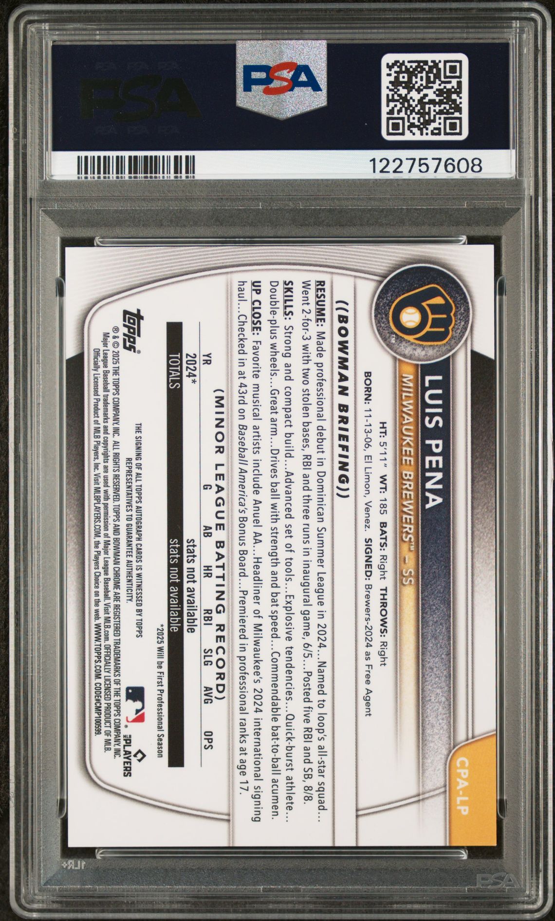 2025 Bowman Chrome Prospect Autographs Luis Pena #Cpalp Mint 9 back