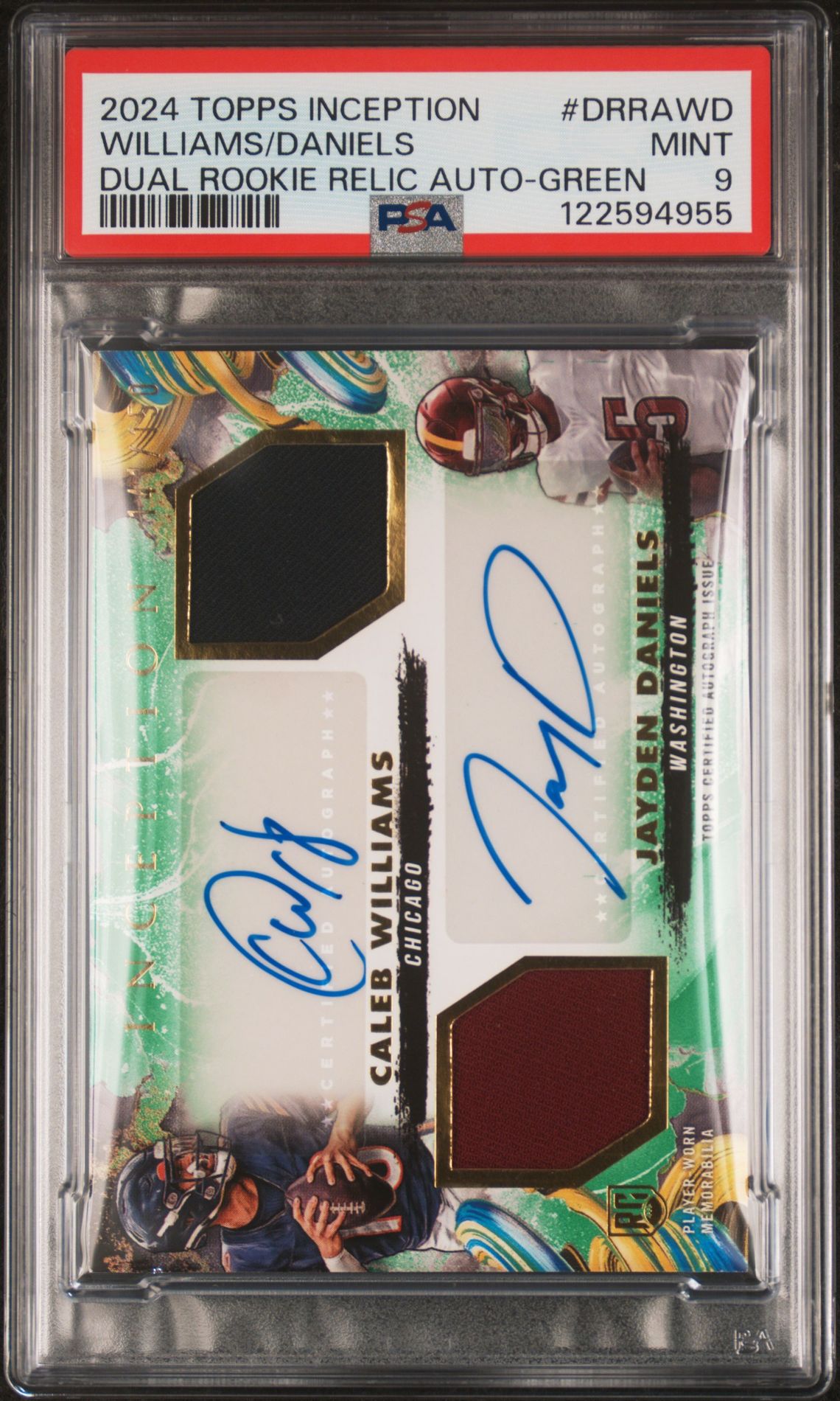 2024 Topps Inception Dual Rookie Relic Autographs Williams/Daniels #Drrawd (Dual Rookie Relic Auto-Green) Mint 9 front