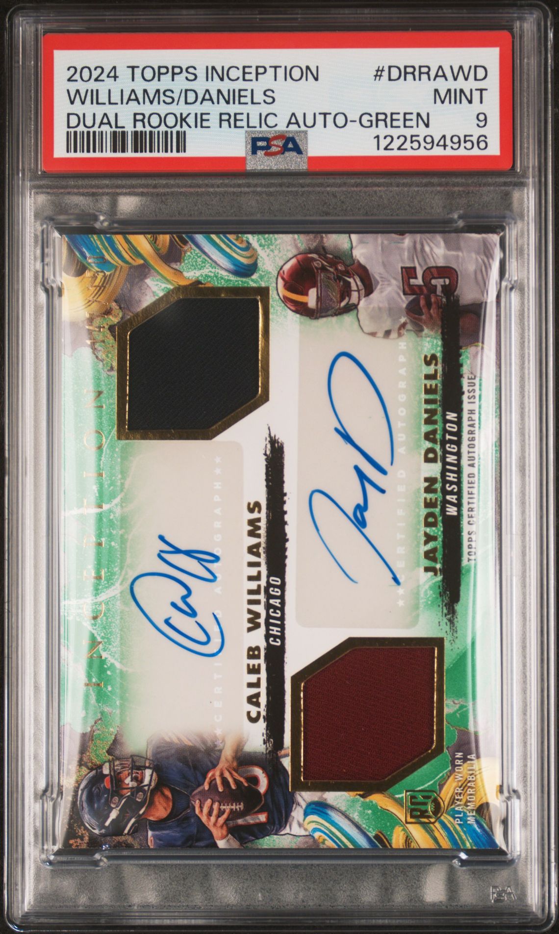 2024 Topps Inception Dual Rookie Relic Autographs Williams/Daniels #Drrawd (Dual Rookie Relic Auto-Green) Mint 9 front