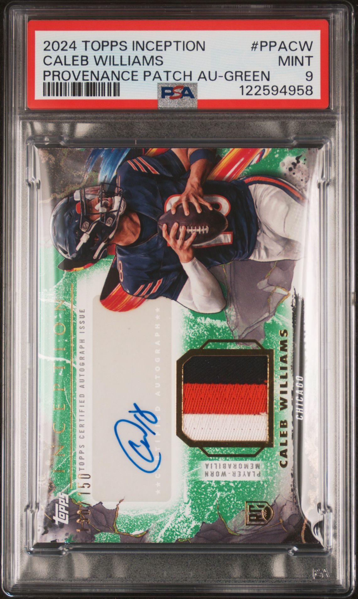 2024 Topps Inception Provenance Patch Autographs Caleb Williams #Ppacw (Provenance Patch Au-Green) Mint 9 front