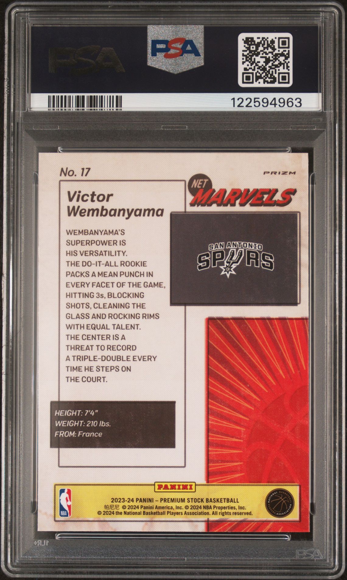 2023 Panini Hoops Premium Stock Retro Net Marvels Victor Wembanyama #17 Gem Mt 10 back